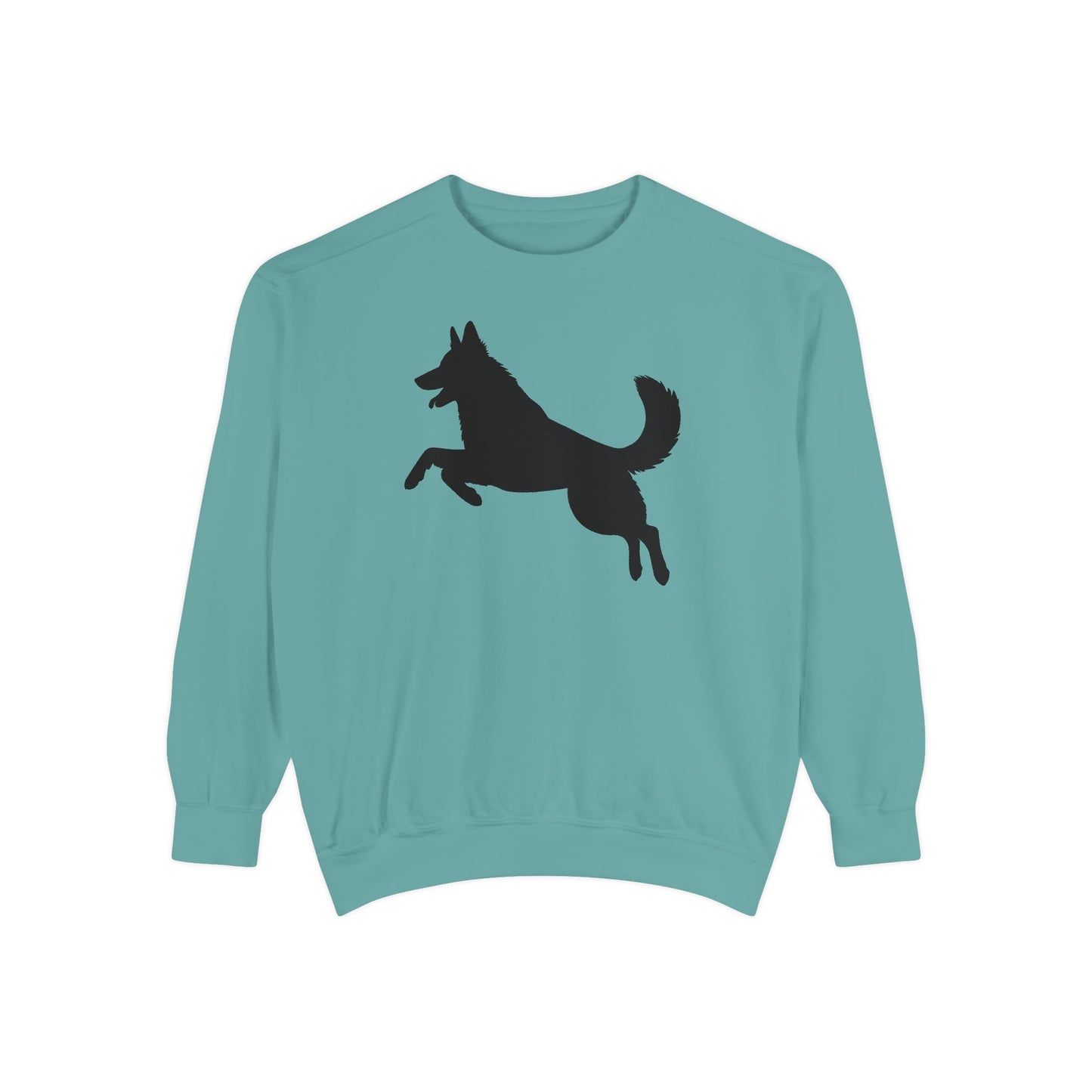 Unisex Dog Lover Sweatshirt With a Graphic of Solid Black German Shepherd Jumping in the Air
