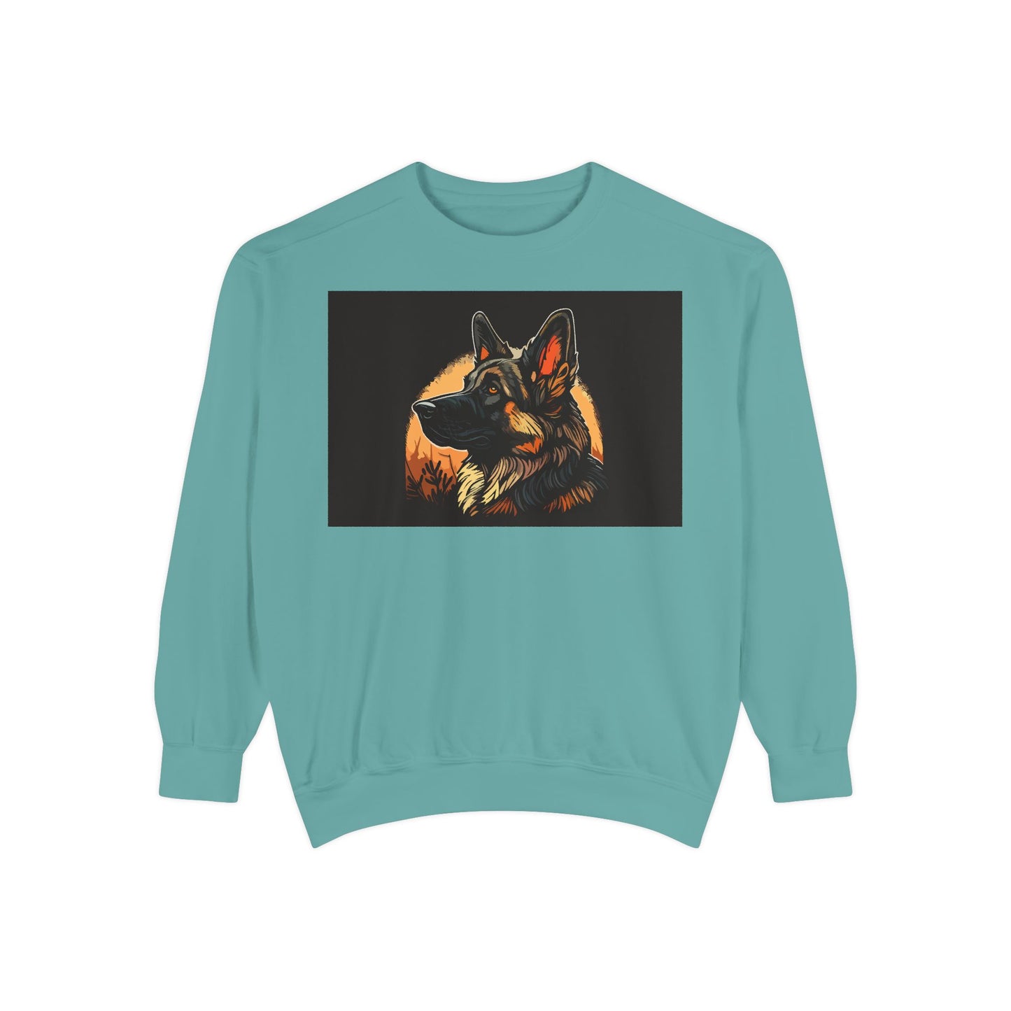 Unisex Dog Lover Sweatshirt With a Close Up Graphic of a German Shepherd In Front of Moon