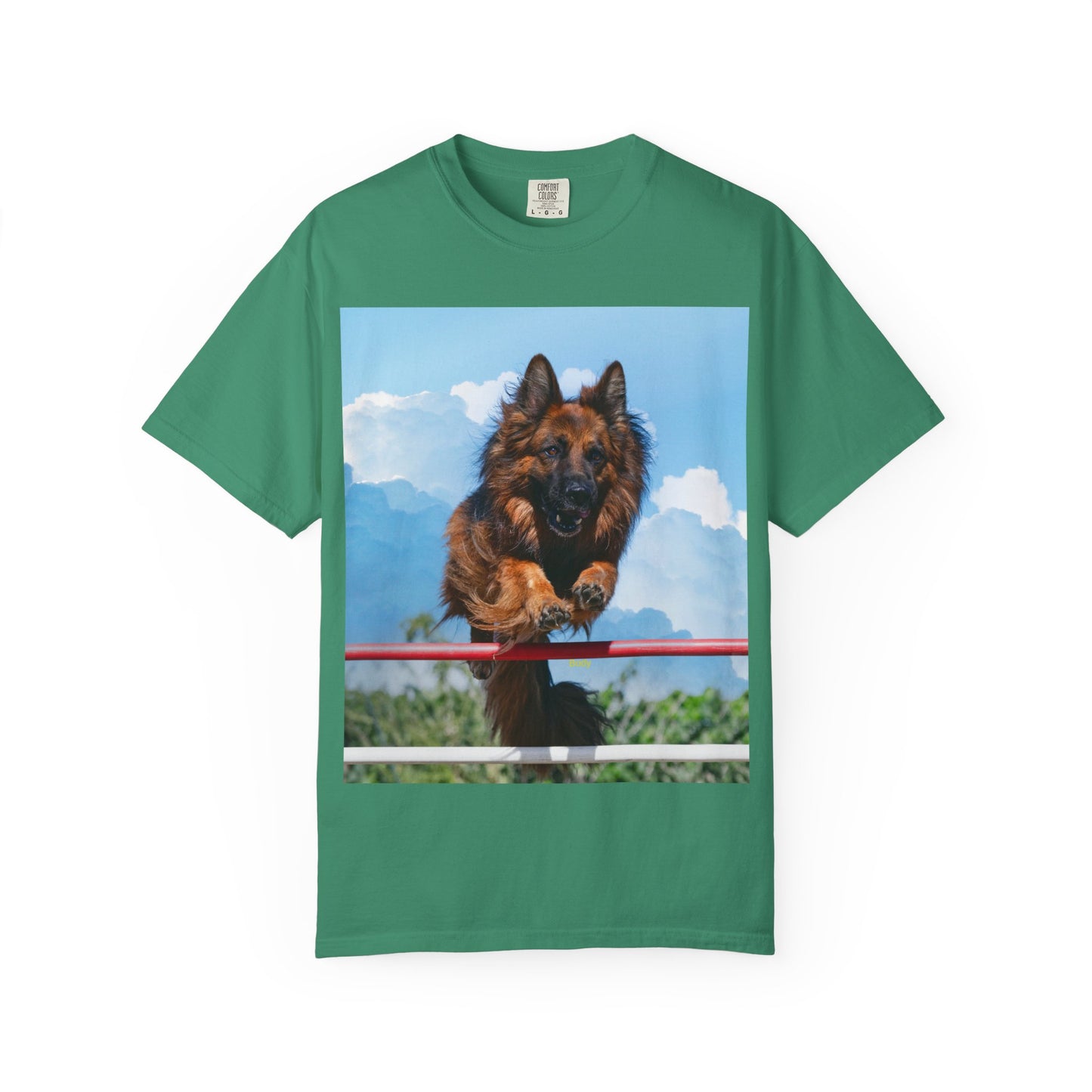 Unisex Dog Lovers T-Shirt Featuring a German Shepherd Jumping An Agility Fence