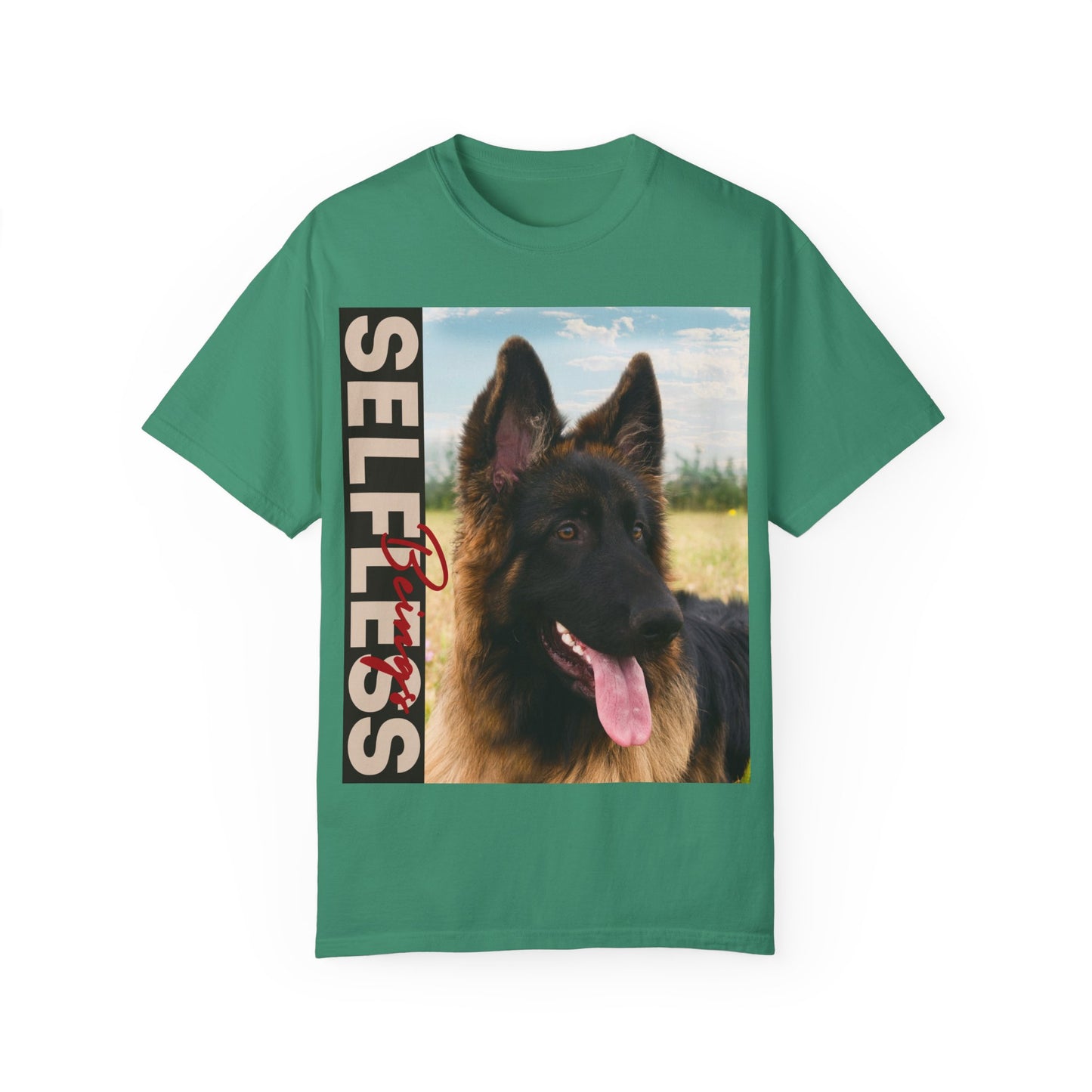 Unisex Dog Lover T-Shirt With Young Long Coat German Shepherd Looking Sideways Leaving Tongue Out and Caption Selfless Beings Written With Beige Red