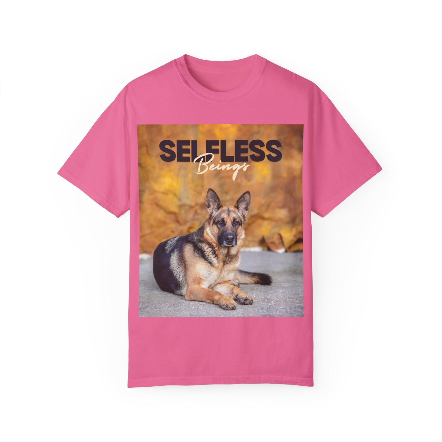 Unisex Dog Lover T-Shirt With Showline German Shepherd Posing for Camera, Autumn Background and Caption Selfless Beings
