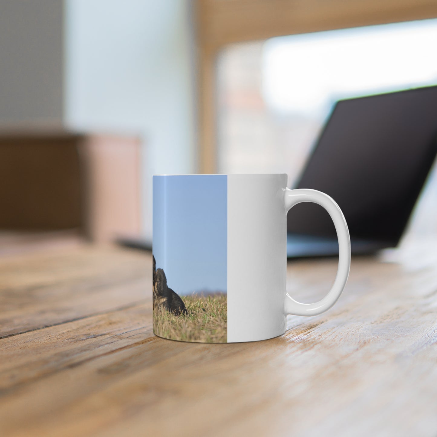 White Ceramic Dog Lover Mug With a German Shepherd and Two Puppies