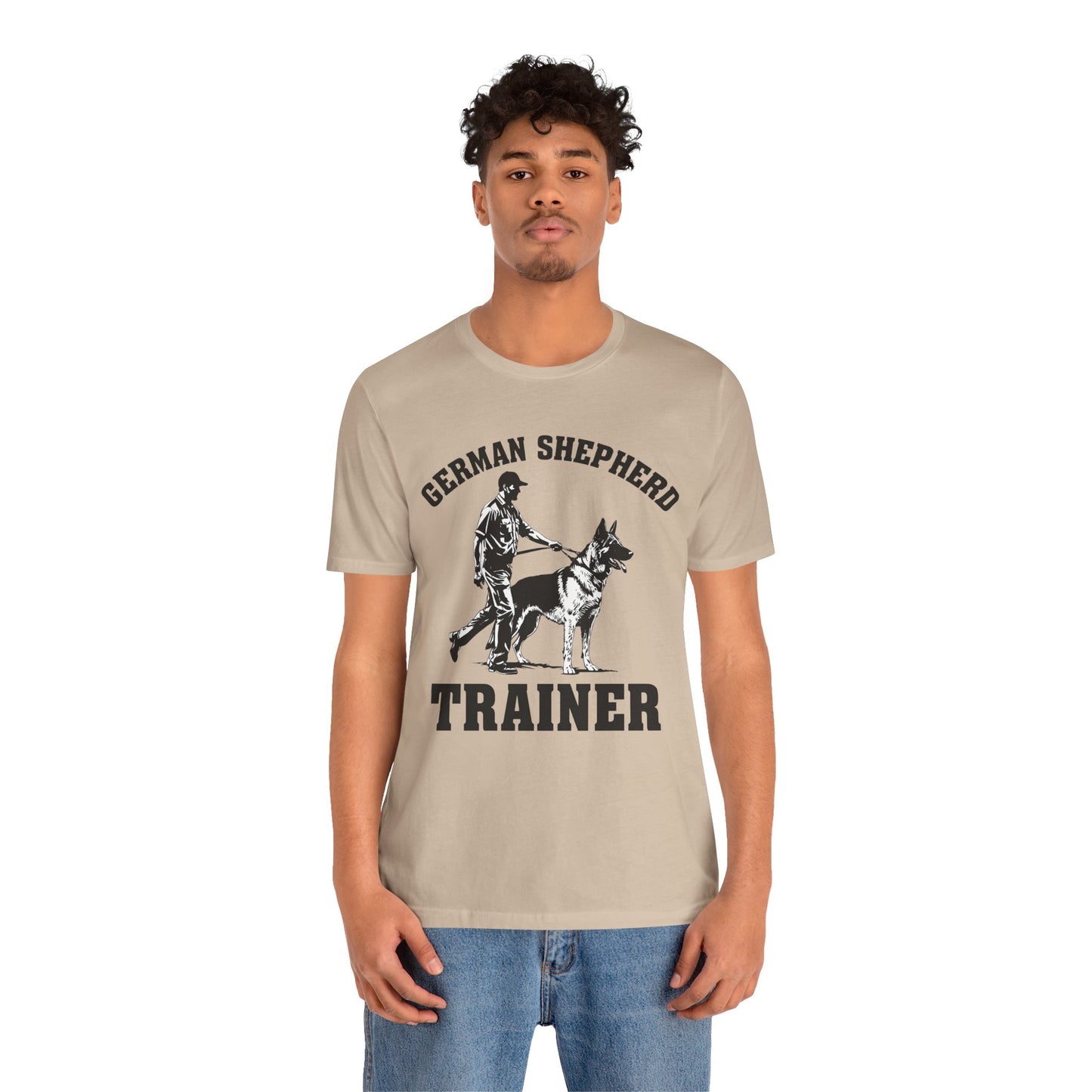 German Shepherd Trainer Tee - Black and White Design of Man Holding a German Shepherd
