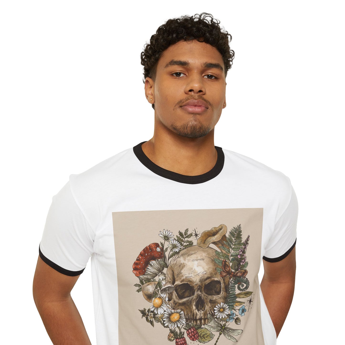 Vintage-Inspired Skull Ringer T-Shirt, Unisex Tee, Boho Style Shirt, Retro Graphic Top, Unique Gift for Halloween, Nature Lovers Apparel