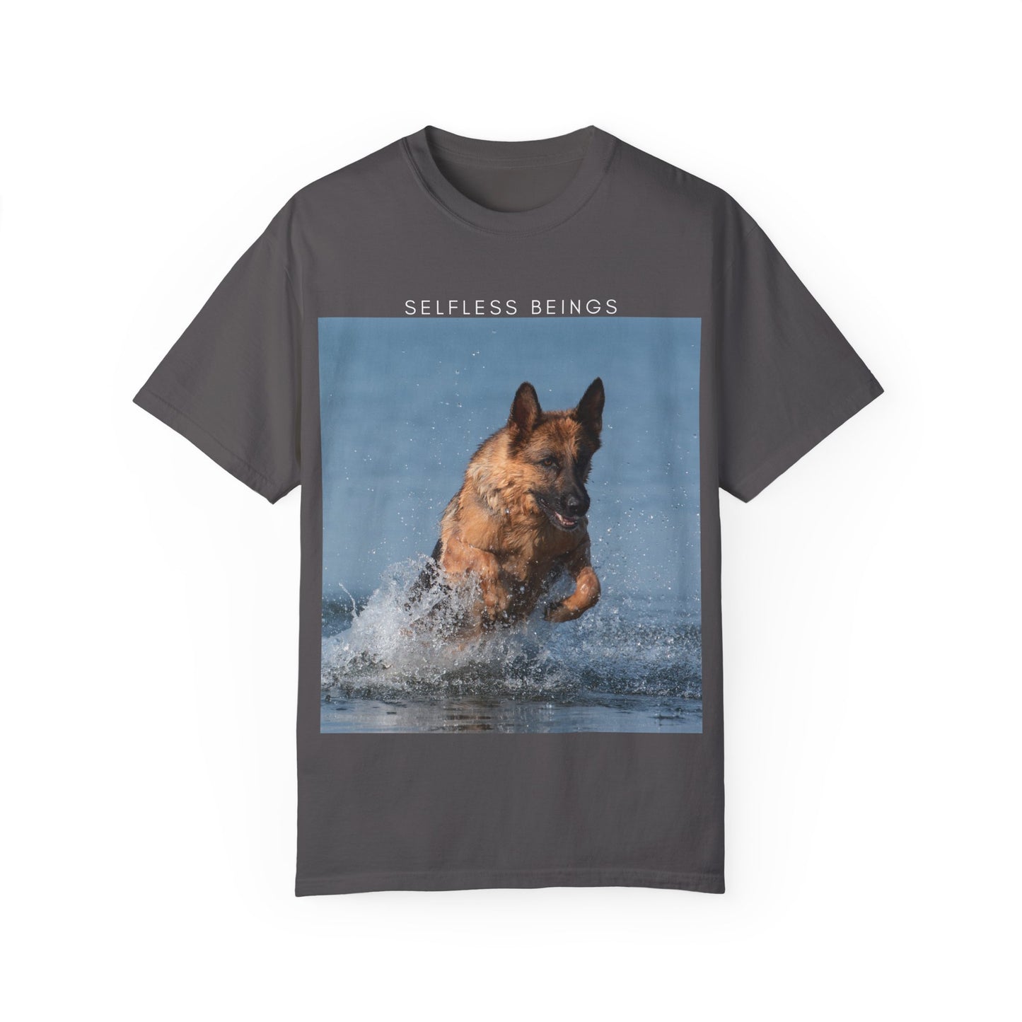 Unisex Dog Lover T-Shirt With Showline German Shepherd Swimming in the Sea and Caption Selfless Beings on Top
