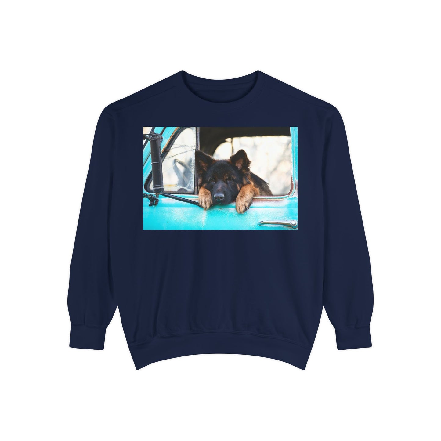 Unisex Dog Lover Sweatshirt With a German Shepherd Puppy Putting His Head and Front Legs On The Truck Seat's Window