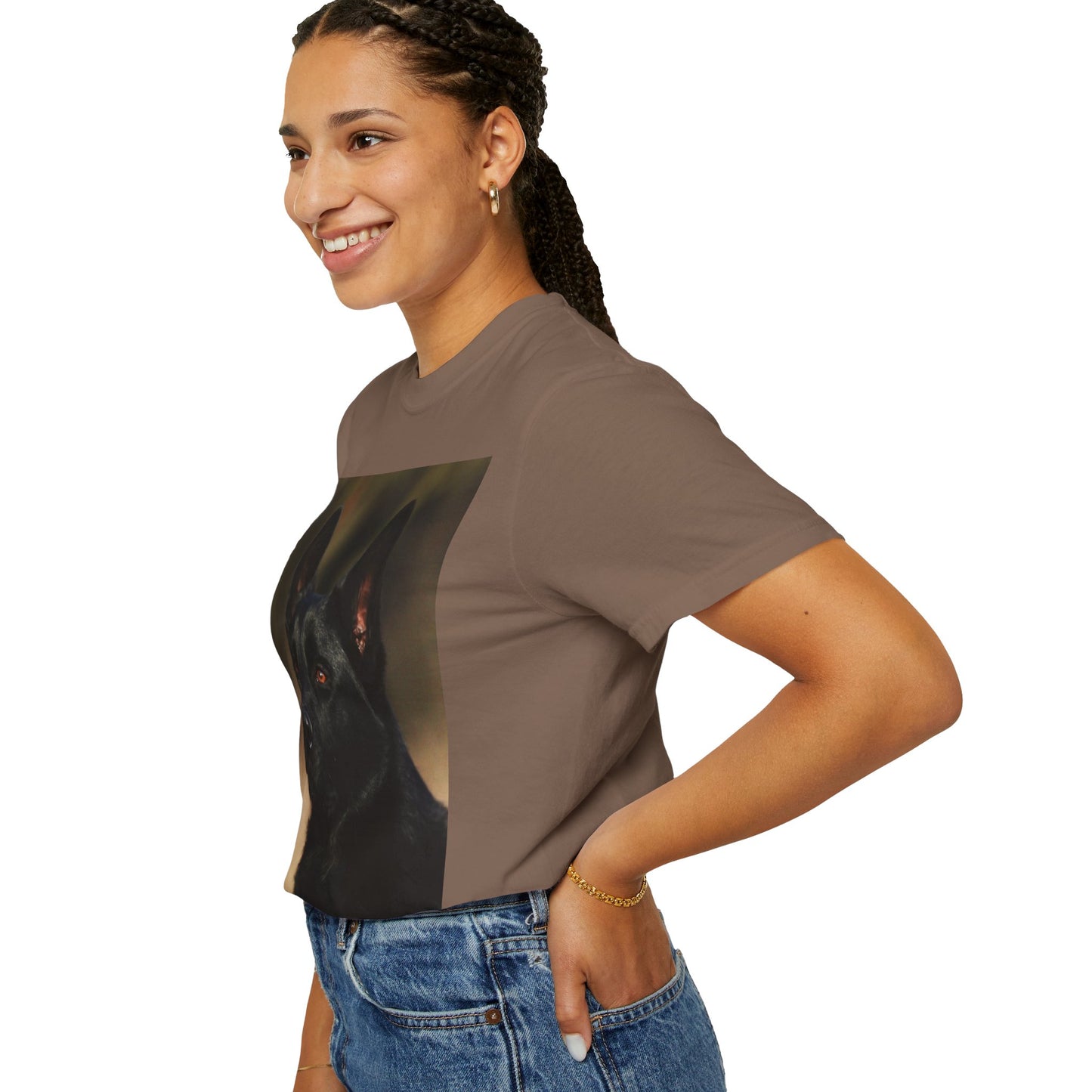 Unisex Dog Lover T-Shirt With Close Up of Serious Looking Solid Black German Shepherd and Caption Selfless Beings
