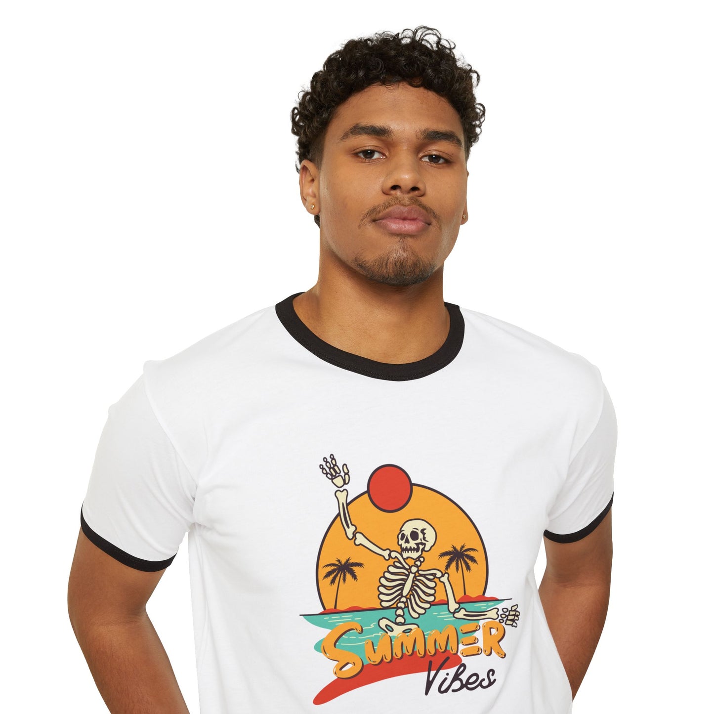 Retro Summer Ringer T-Shirt, Vintage Beach Tee, Skeleton Graphic Shirt, Unisex Casual Wear, Perfect for Summer Vibes
