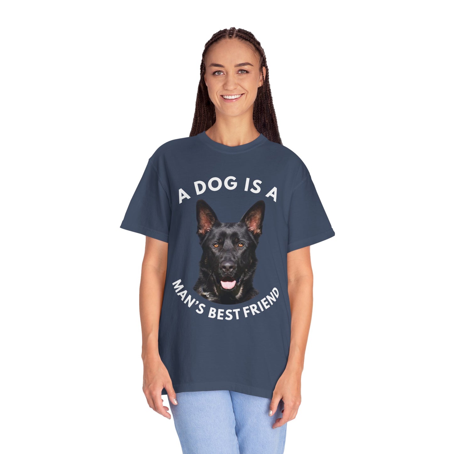 Unisex T-Shirt With Close Up Face of Giant German Shepherd and Quote A Dog Is A Man's Best Friend
