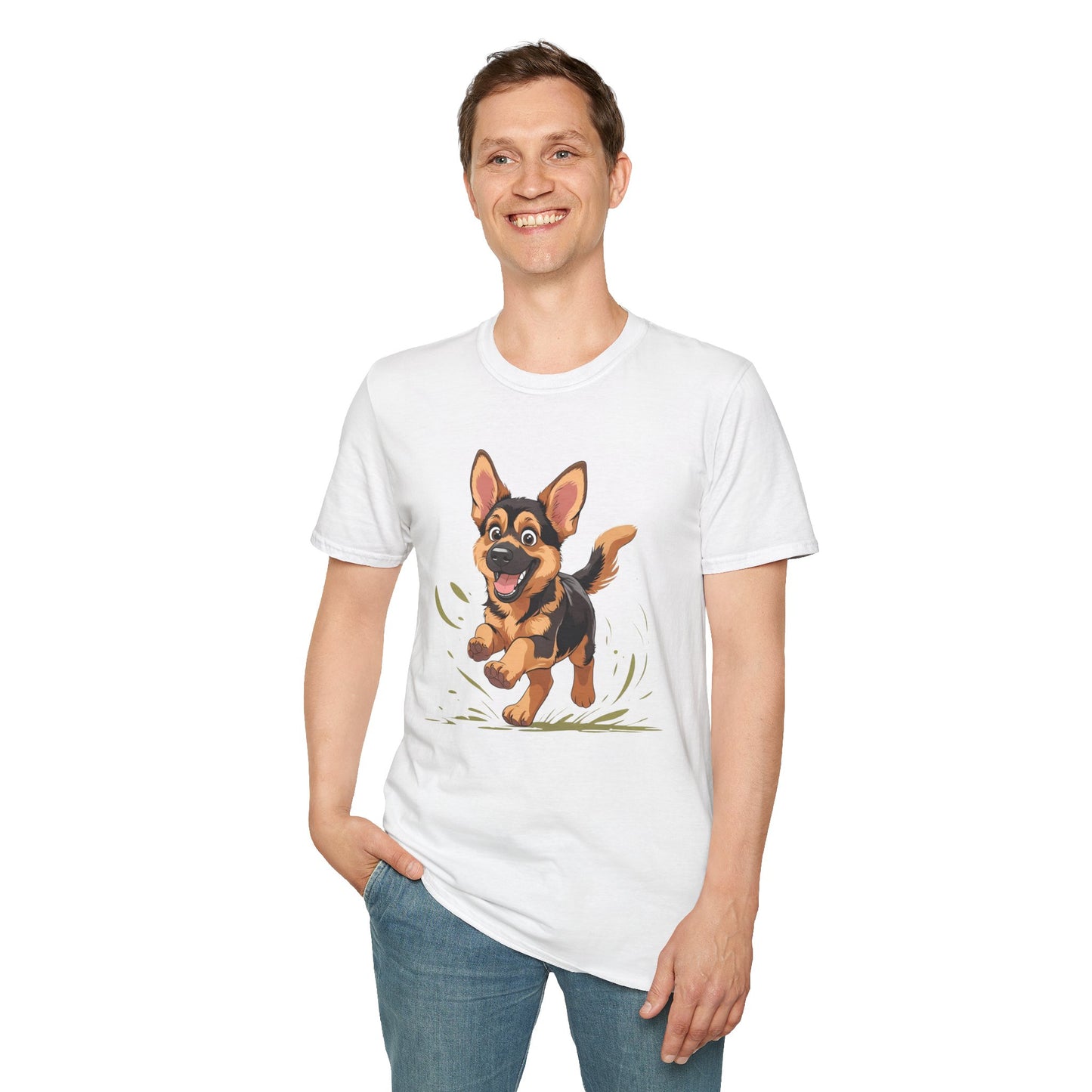 Cute Playing Puppy Graphic Unisex Softstyle T-Shirt, Dog Lover Gift, Casual Wear, Animal Theme Shirt, Perfect for Birthdays, Pet Owners