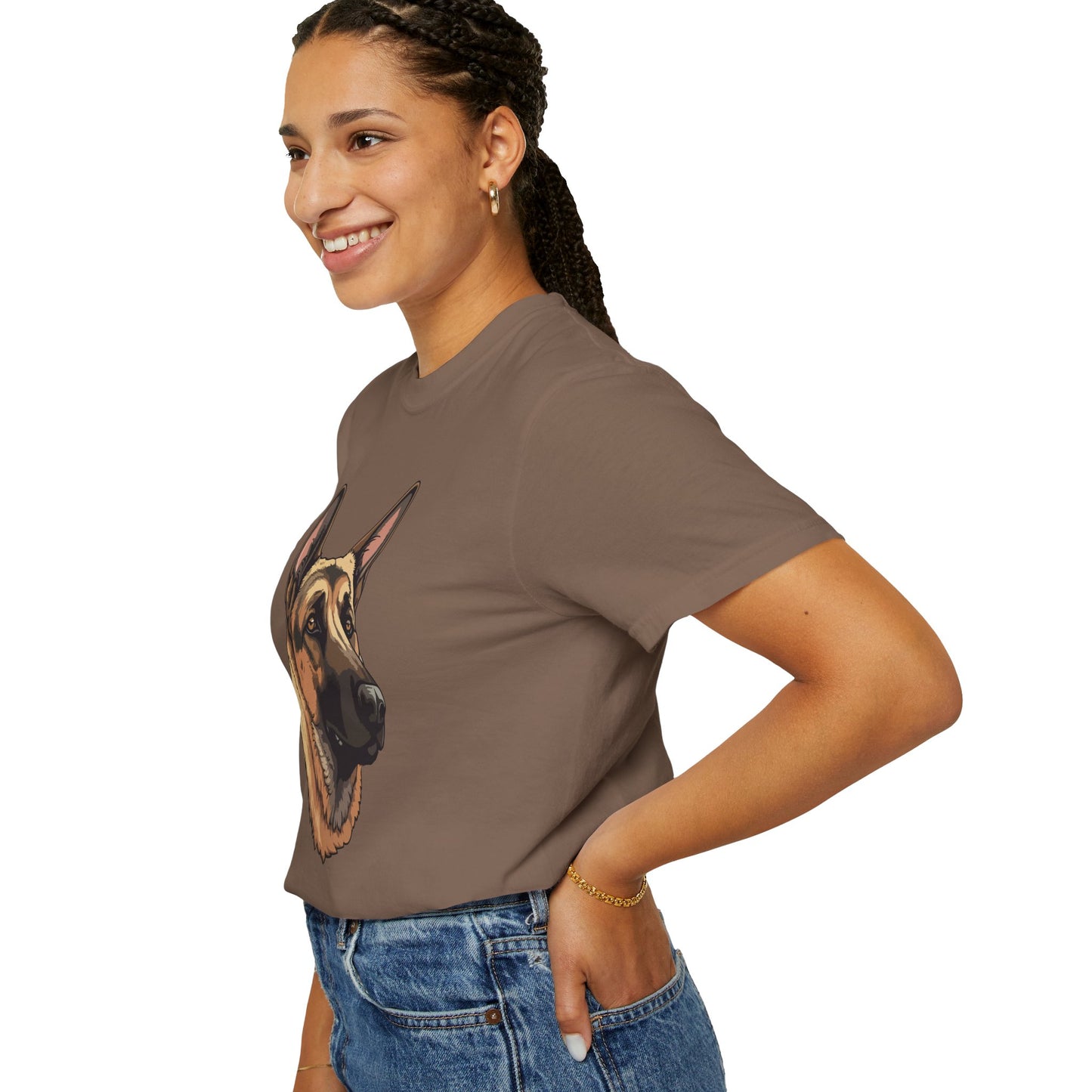 Unisex Dog Lover T-Shirt With a Close Up Graphic of Serious German Shepherd