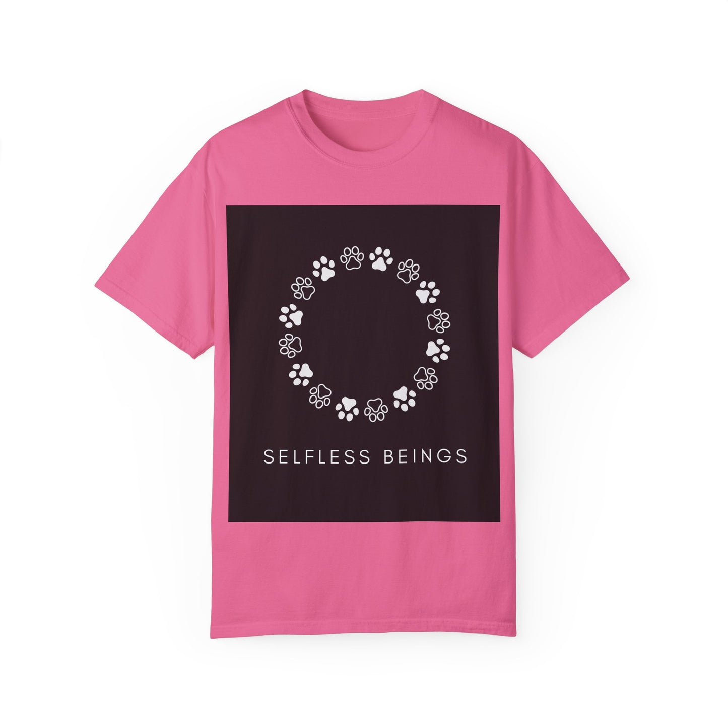 Unisex Dog Lover T-Shirt With Circular Frame Made of Dog Paw Prints and Caption Selfless Beings