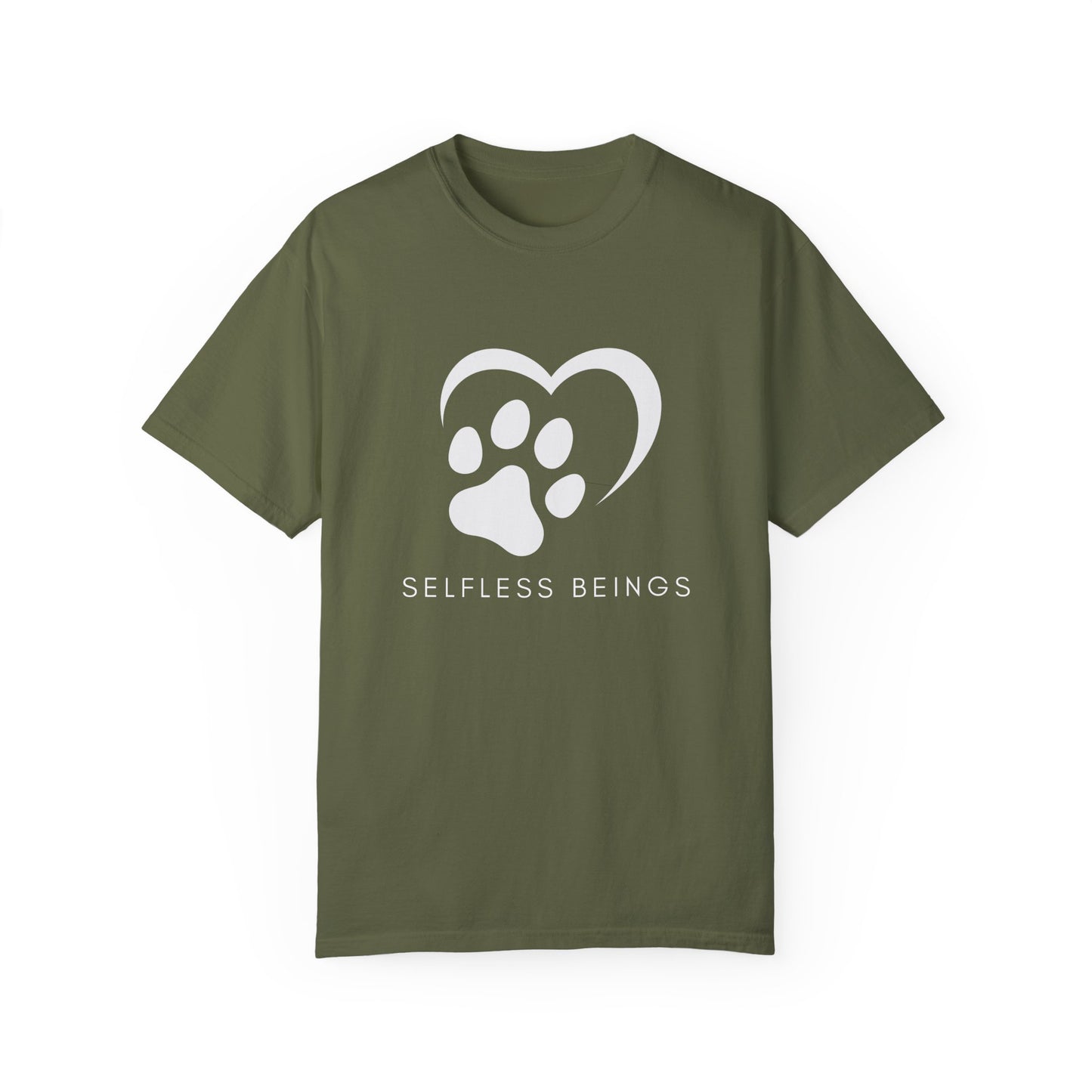 Unisex Dog Lover T-Shirt With Graphic of Half Heart and Dog Paw Print and Caption Selfless Beings Below