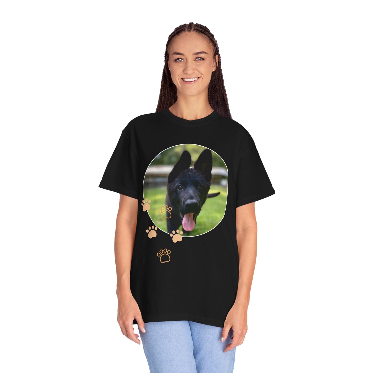 Unisex Dog Lover T-Shirt With Black German Shepherd Puppy Walking on Grass Leaving Tongue Out and Paw Icons