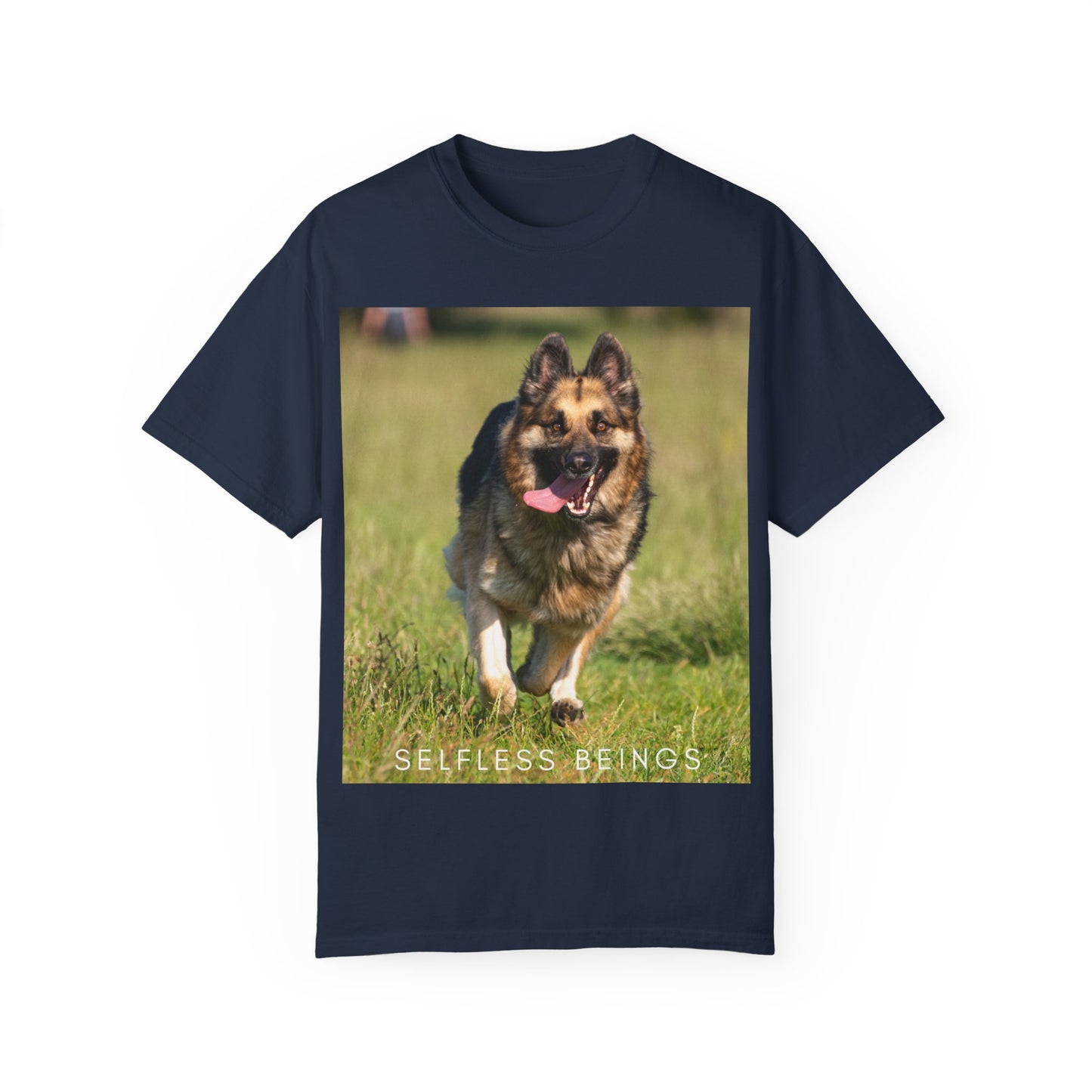 Unisex Dog Lover T-Shirt With Beautiful German Shepherd Running on the Field Leaving Tongue Out and Caption Selfless Beings