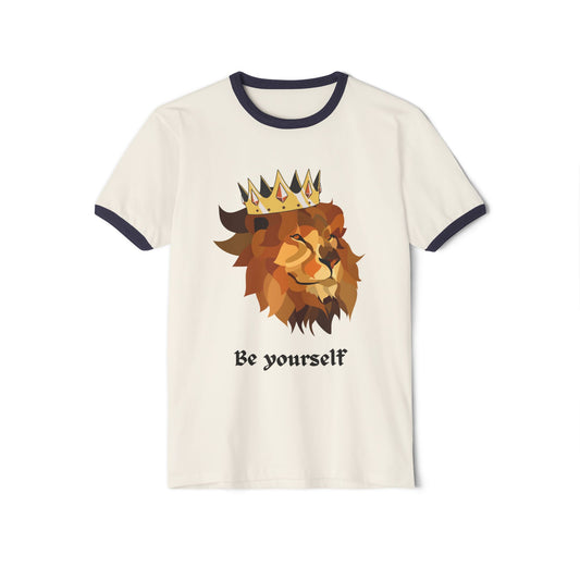Bold Lion Graphic Cotton Ringer T-Shirt - Be Yourself, Unisex Tee, Casual Wear, Gift for Him/Her, Motivational Shirt