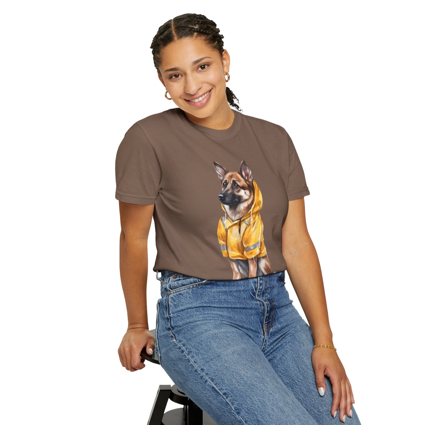 Unisex Dog Lover T-Shirt With a Graphic of German Shepherd Wearing a Yellow Rain Coat