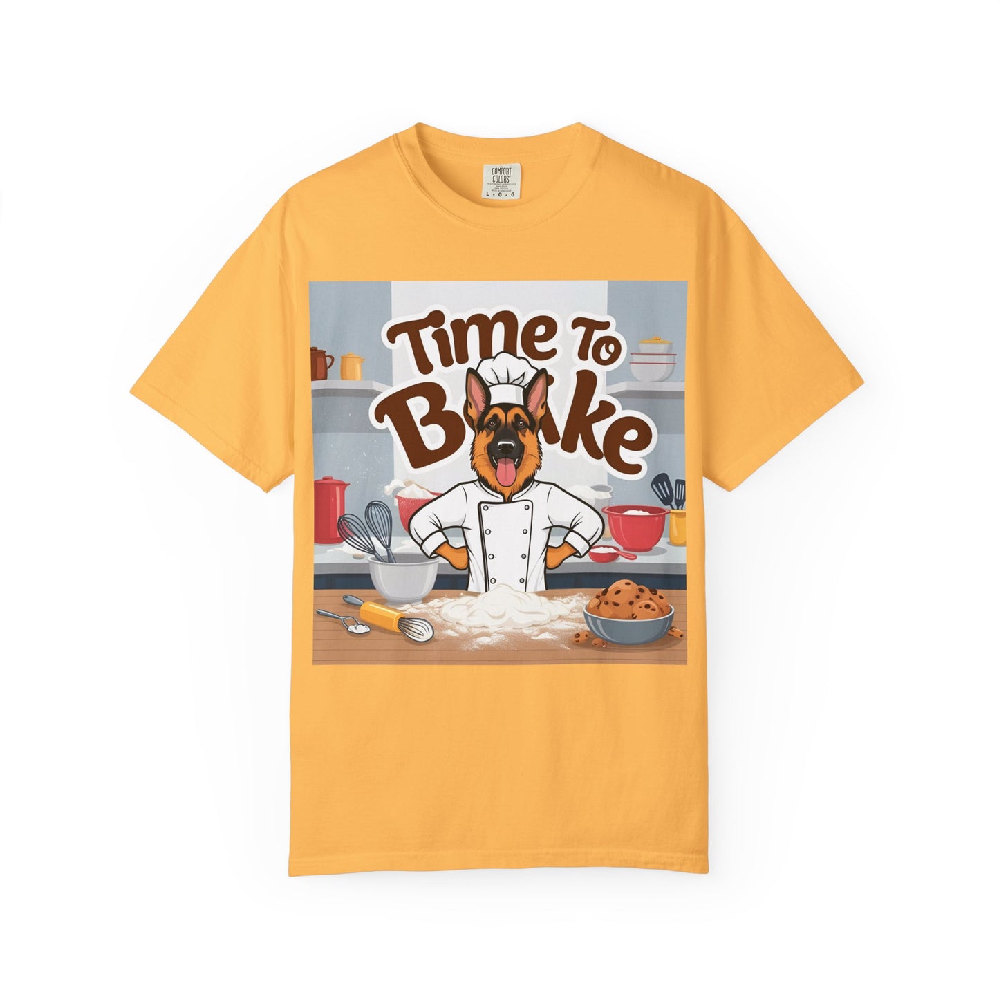 Unisex Dog Lover T-Shirt With Graphic of German Shepherd Wearing Chef Suit and Caption Time To Bake