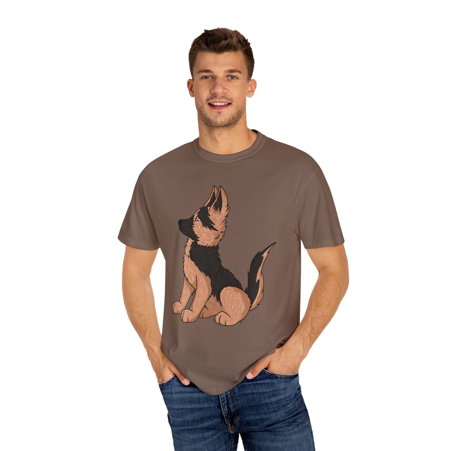 Unisex Dog Lover T-Shirt With a Graphic of Cute German Shepherd Puppy Looking Upward