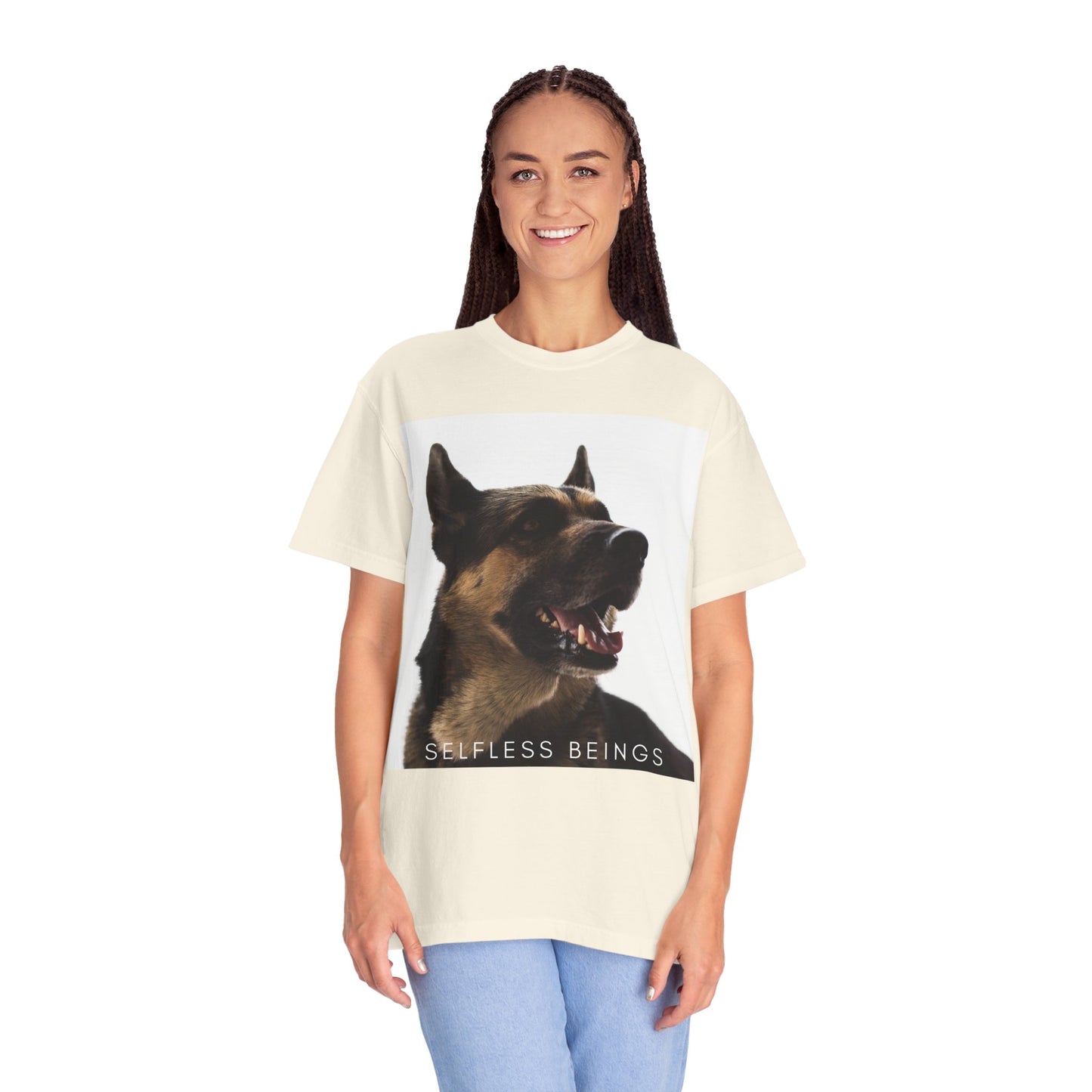 Unisex Dog Lover T-Shirt With Close Up of Large German Shepherd Turning His Face and Caption Selfless Beings