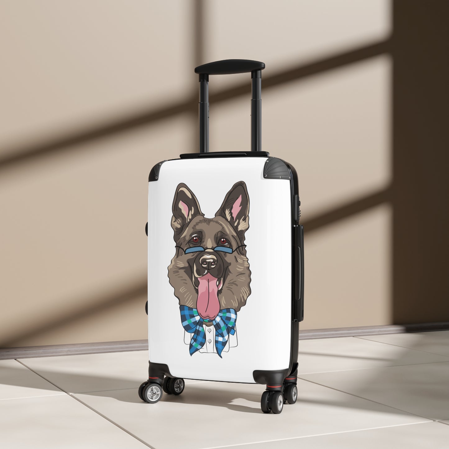 Stylish Pet-Lover Suitcase - Funny German Shepherd Wearing Blue Glasses and Bow Tie Leaving Tongue Out