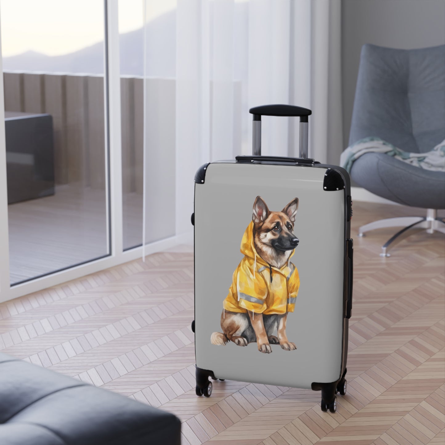 Dog Lovers Suitcase Featuring a German Shepherd Wearing a Yellow Rain Coat