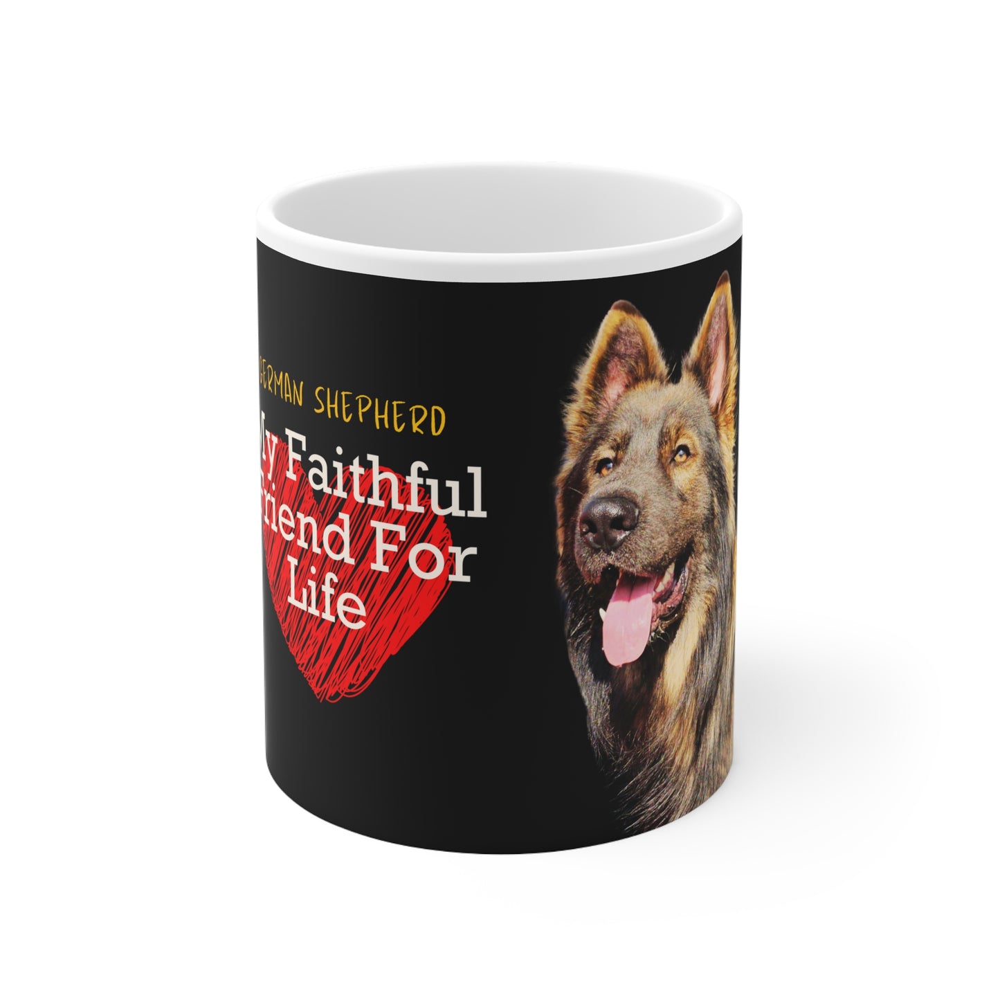 White Ceramic Dog Lover Mug With an Old-Fashioned German Shepherd and Caption My Faithful Friend For Life