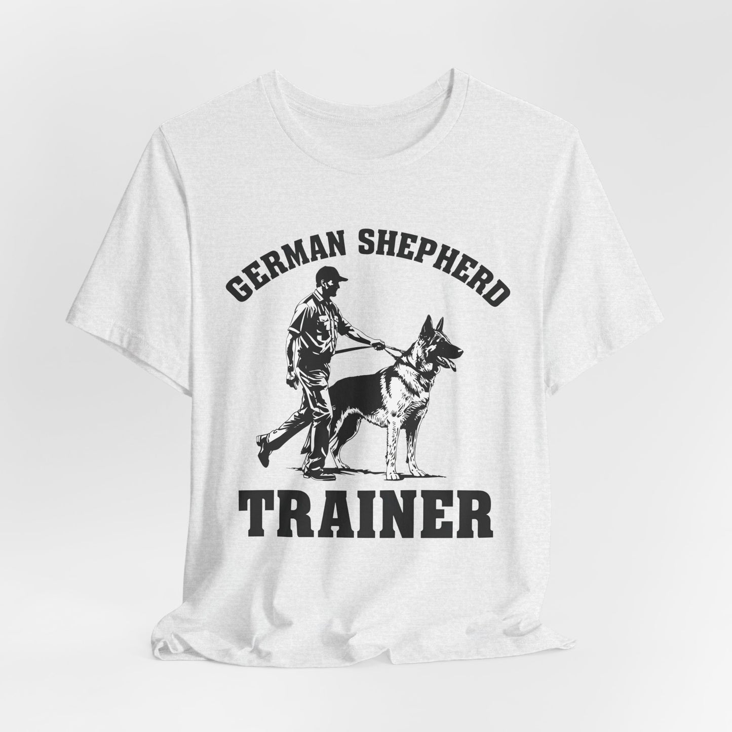 German Shepherd Trainer Tee - Black and White Design of Man Holding a German Shepherd