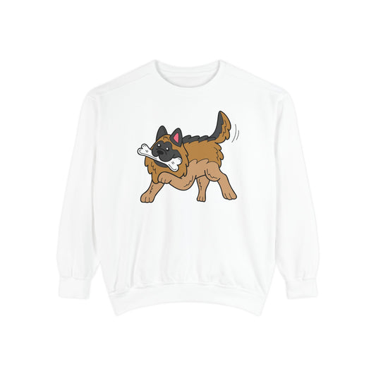 Unisex Dog Lover Sweatshirt With a Graphic of a German Shepherd Holding a White Bone in Mouth