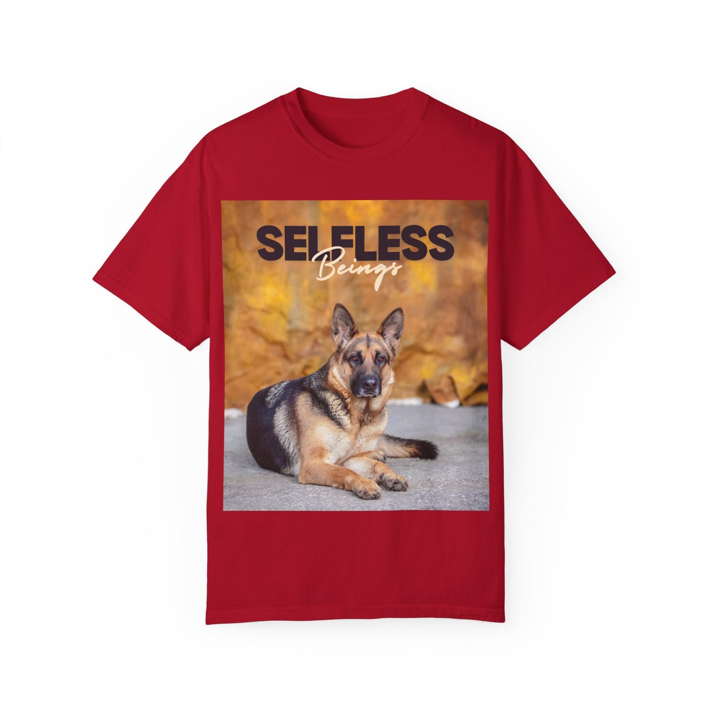 Unisex Dog Lover T-Shirt With Showline German Shepherd Posing for Camera, Autumn Background and Caption Selfless Beings
