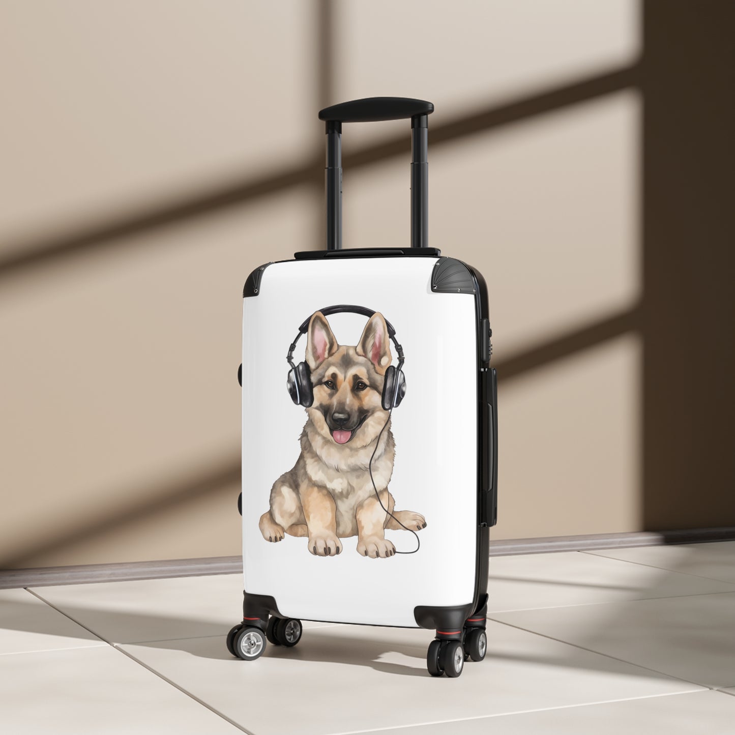 Travel Suitcase Featuring Graphic of German Shepherd Wearing Headphones Enjoying Music