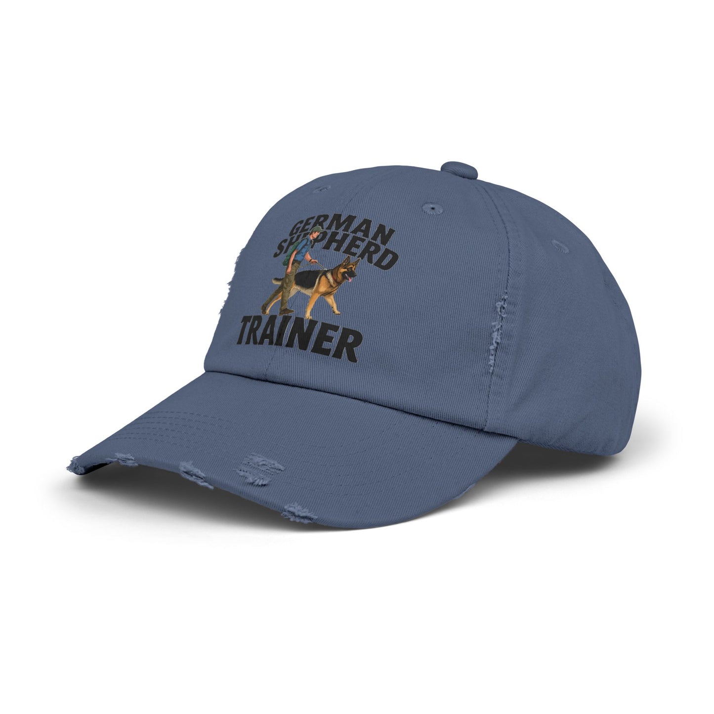 Unisex Distressed Cap Featuring a Trainer Leading German Shepherd, Dog Trainer Gift