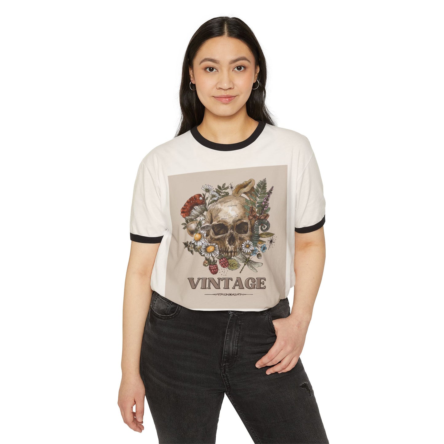 Vintage-Inspired Skull Ringer T-Shirt, Unisex Tee, Boho Style Shirt, Retro Graphic Top, Unique Gift for Halloween, Nature Lovers Apparel