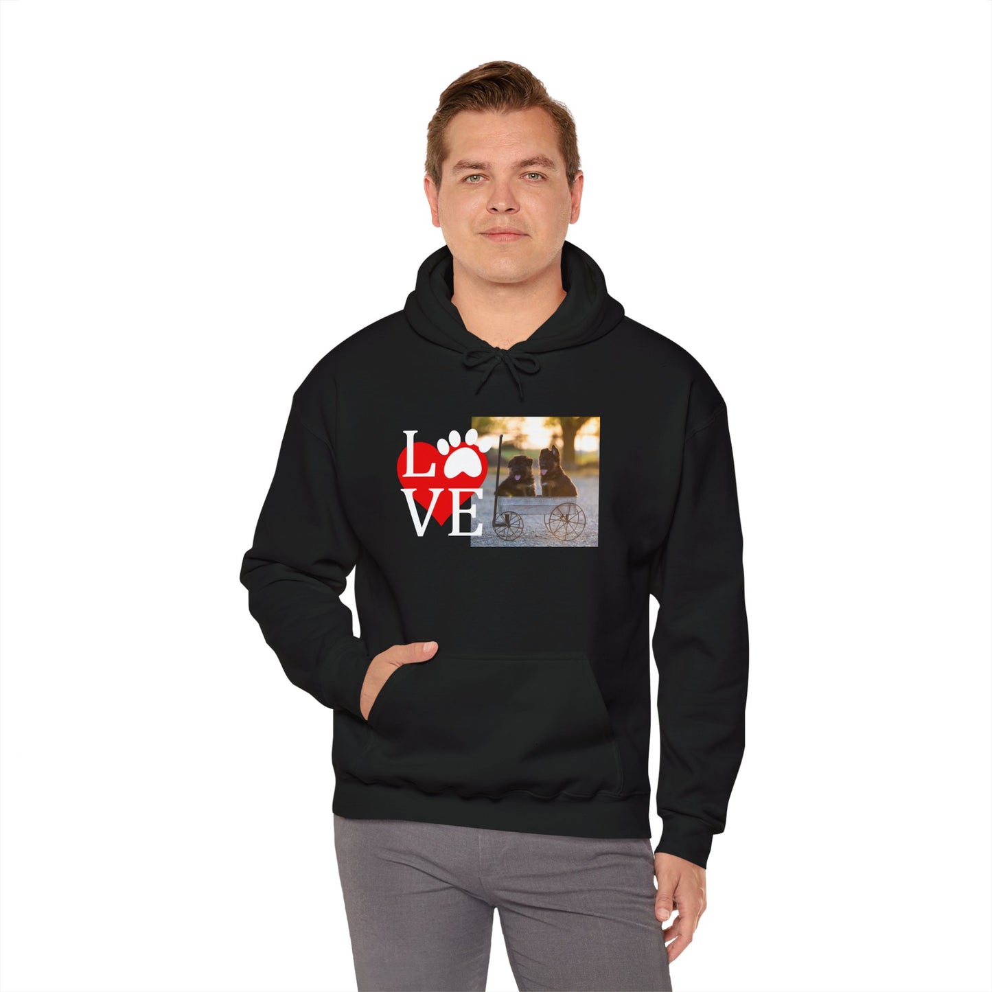 Unisex Dog Lover Hoodie With Two Cute German Shepherd Puppies Sitting on a Cart and Caption Love On Top of Red Heart