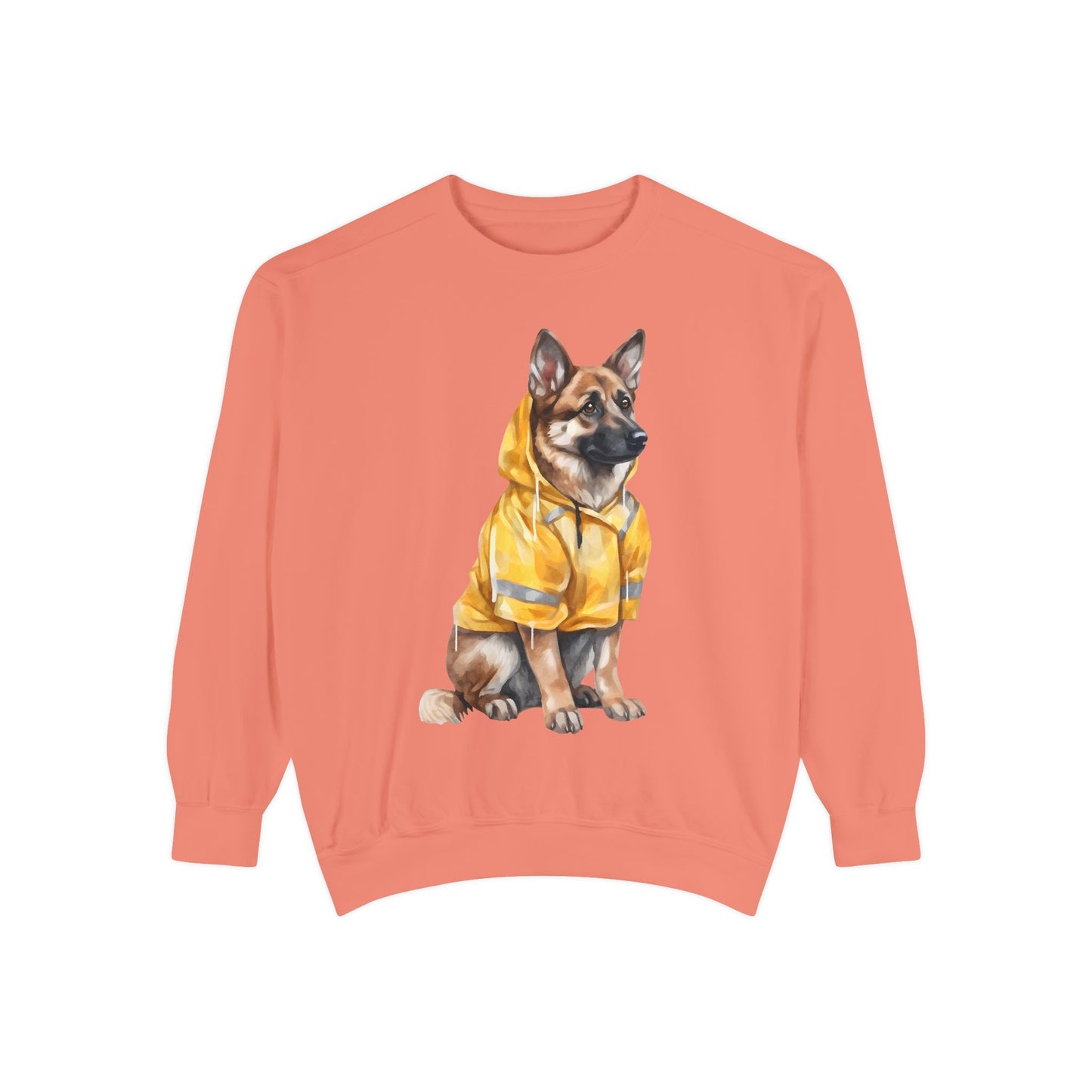 Unisex Dog Lover Sweatshirt With a Graphic of German Shepherd Wearing a Yellow Rain Coat