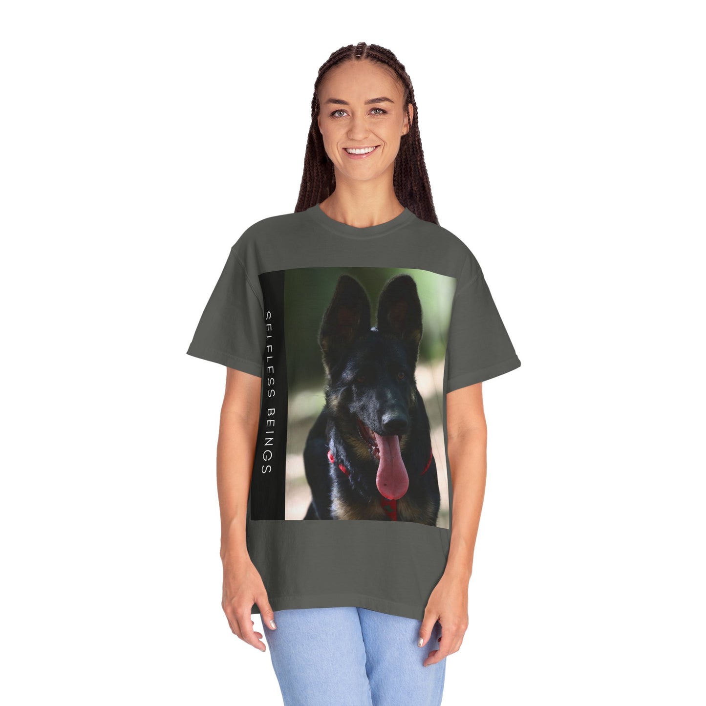 Unisex Dog Lover T-Shirt With Close Up Portrait of Slim German Shepherd Leaving His Tongue Out and Caption Selfless Beings