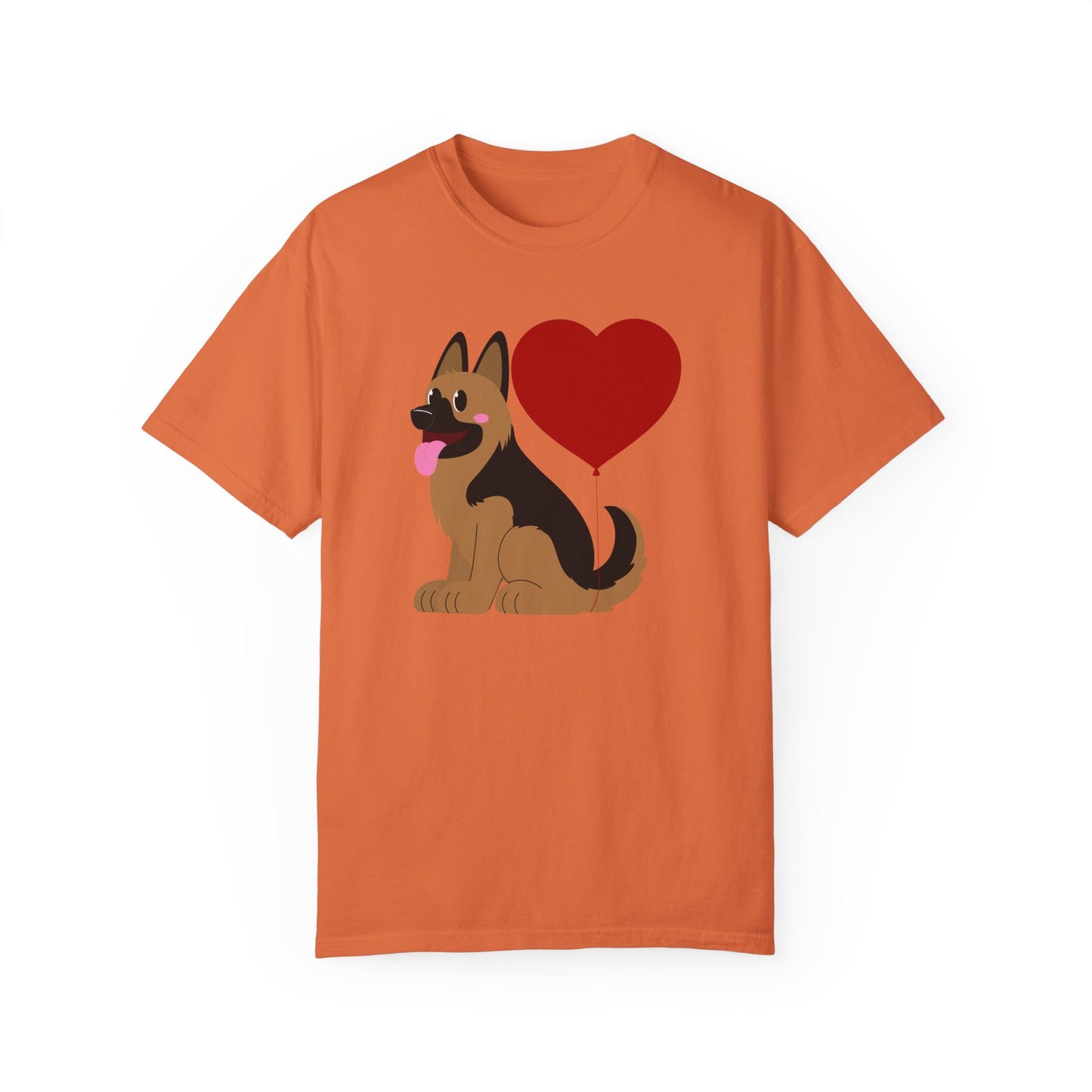 Unisex Dog Lover T-Shirt With a Graphic of German Shepherd Puppy and Heart Shaped Balloon Attached With Tail