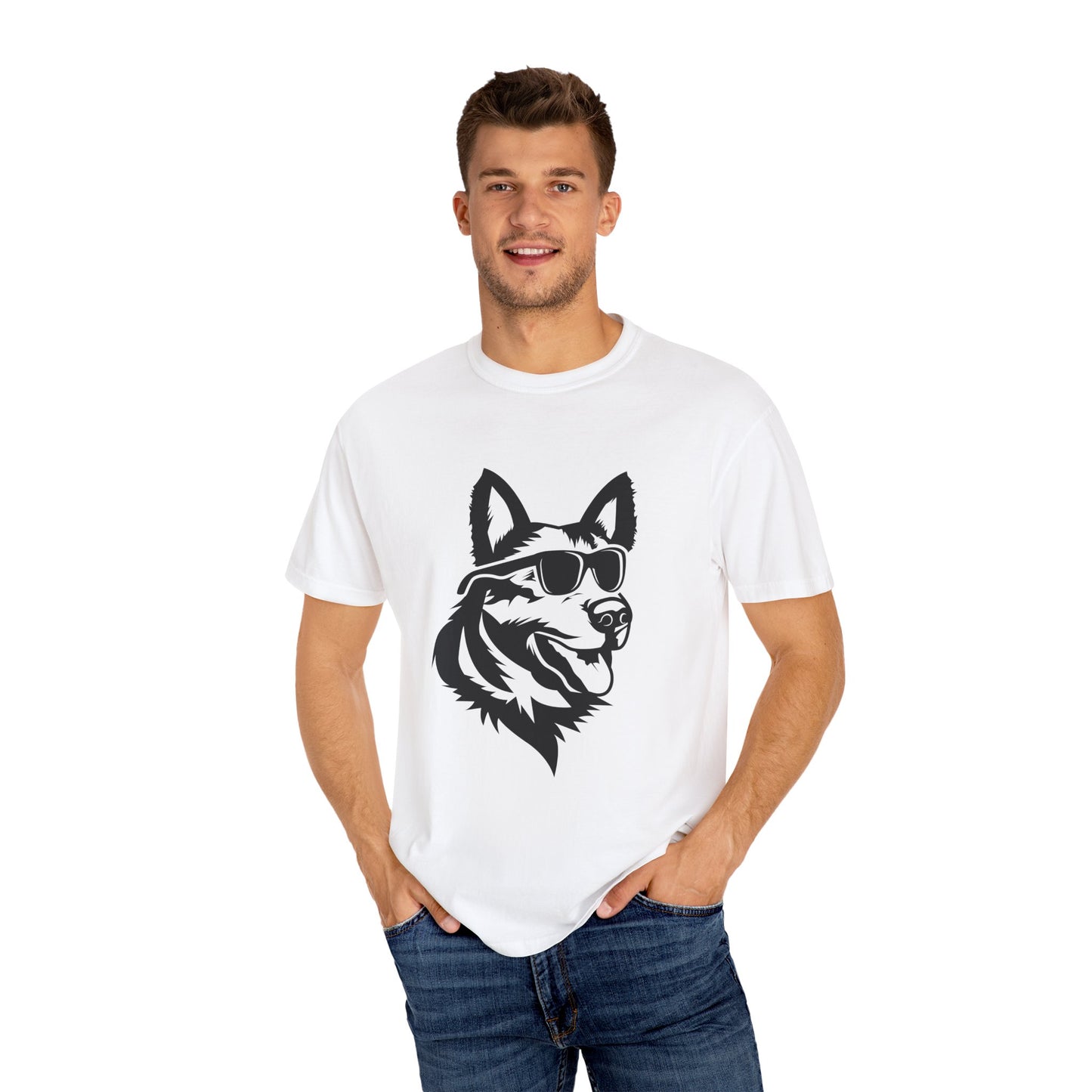 Unisex Dog Lover T-Shirt With a Graphic of Close Up Faced German Shepherd Wearing Black Glasses