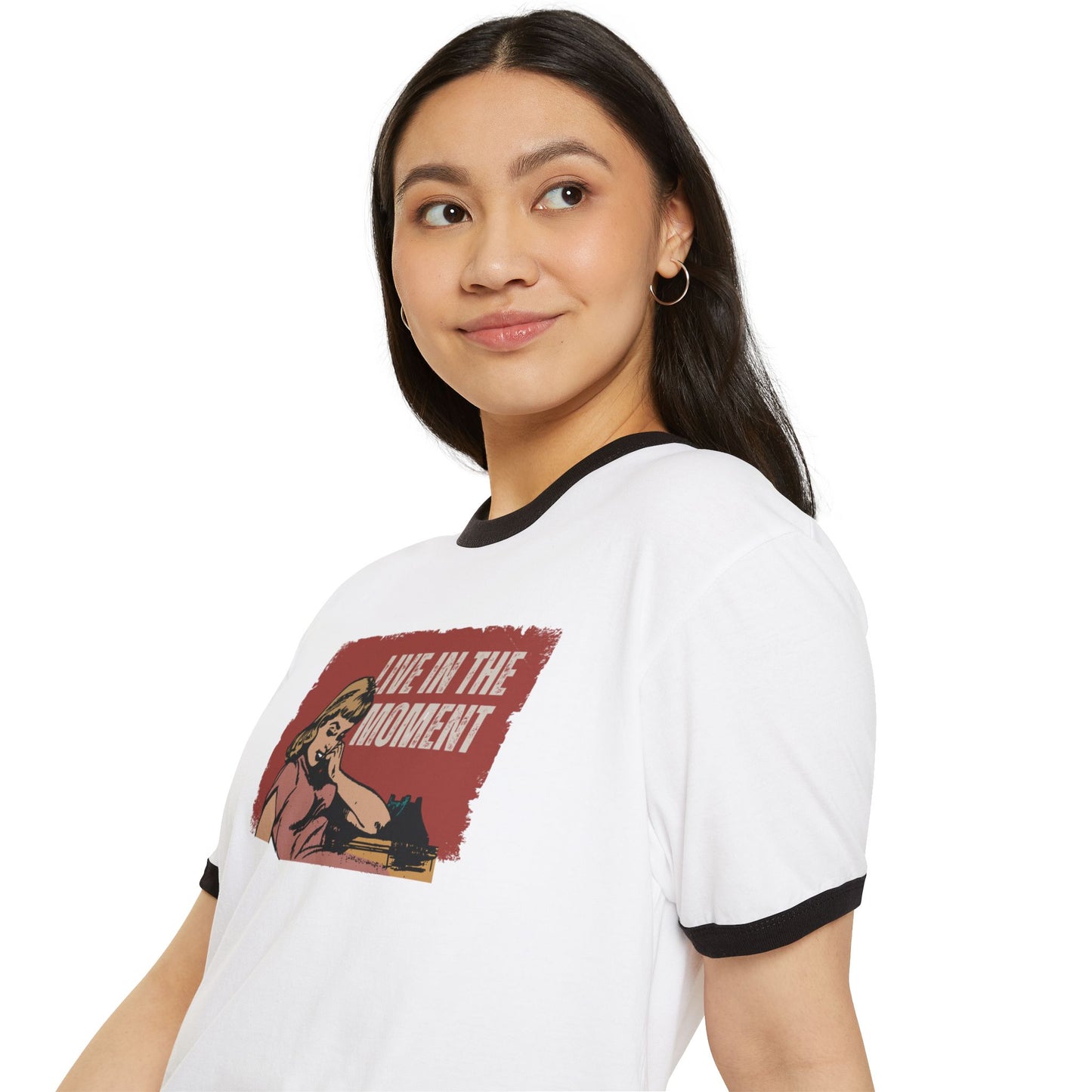 Live in the Moment Unisex Cotton Ringer T-Shirt, Retro Graphic Tee, Casual Wear, Gift for Her, Motivational Trendy Top