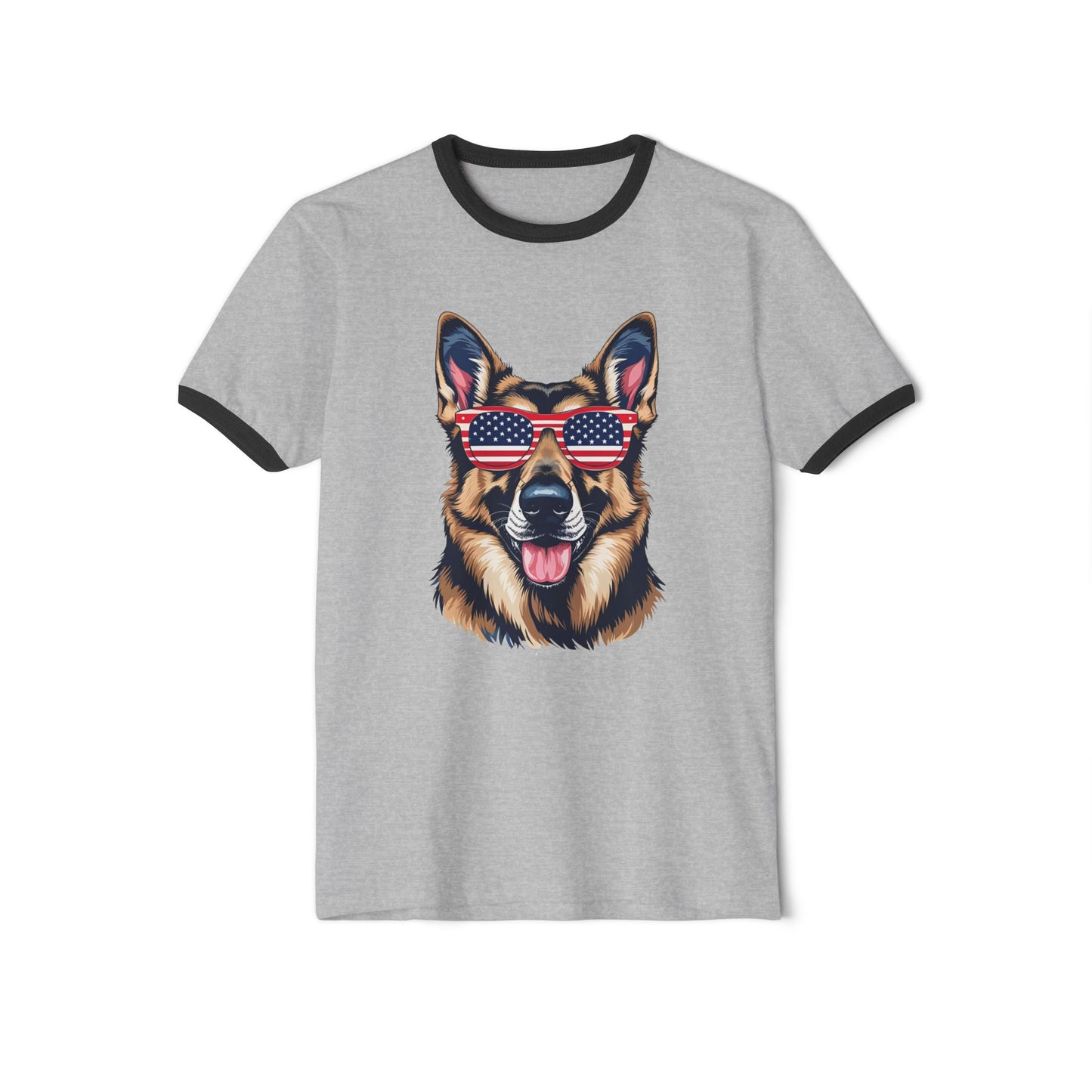 Patriotic Dog Lover German Shepherd Tee - Unisex Cotton Ringer T-Shirt with American Flag Sunglasses, Pet Owner Gift, 4th of July Apparel, Fun Summer