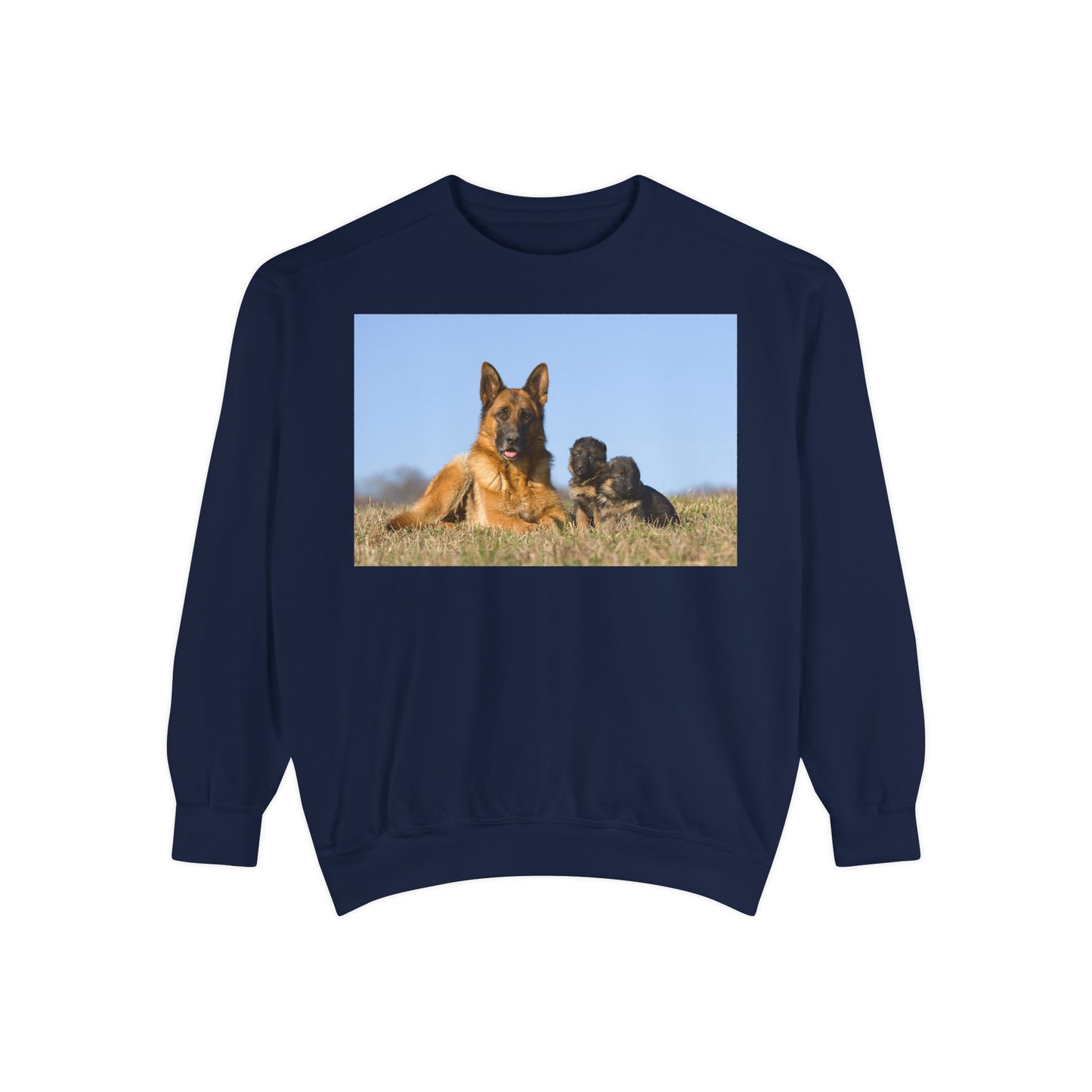 Unisex Dog Lover Sweatshirt With a German Shepherd Lying on the Grass With Two Puppies