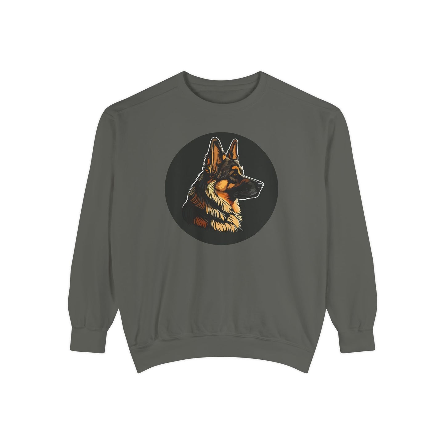 Unisex Dog Lover Sweatshirt With a Close Up Graphic of a German Shepherd Inside a Black Circle