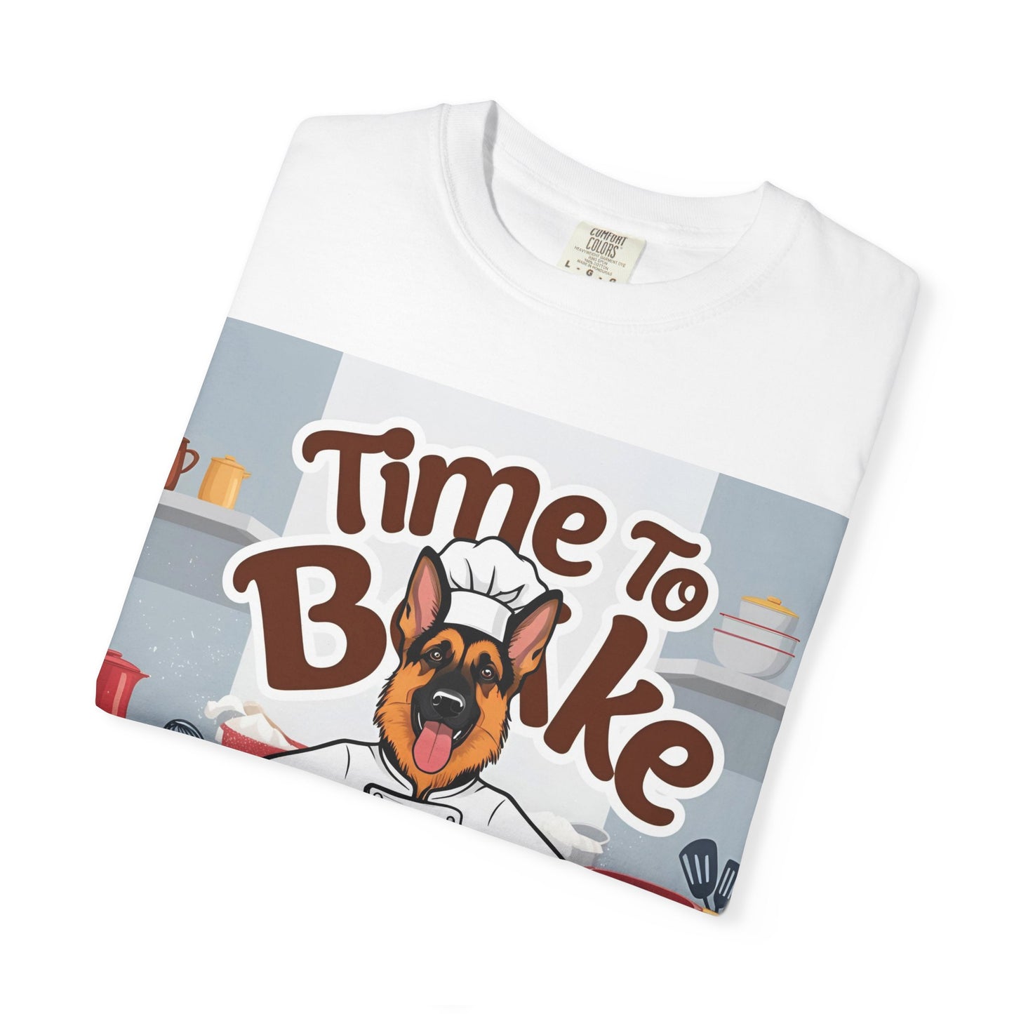 Unisex Dog Lover T-Shirt With Graphic of German Shepherd Wearing Chef Suit and Caption Time To Bake