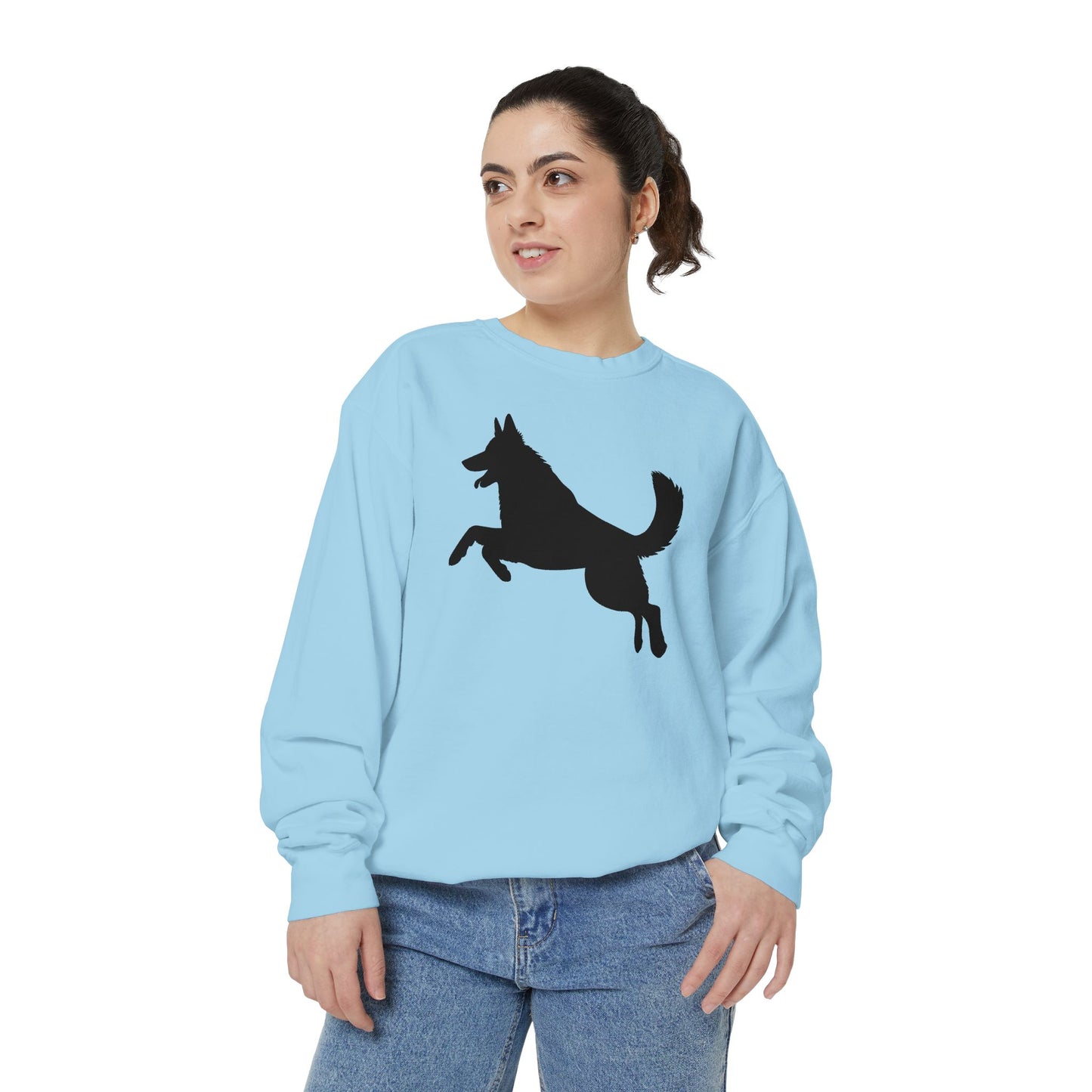 Unisex Dog Lover Sweatshirt With a Graphic of Solid Black German Shepherd Jumping in the Air