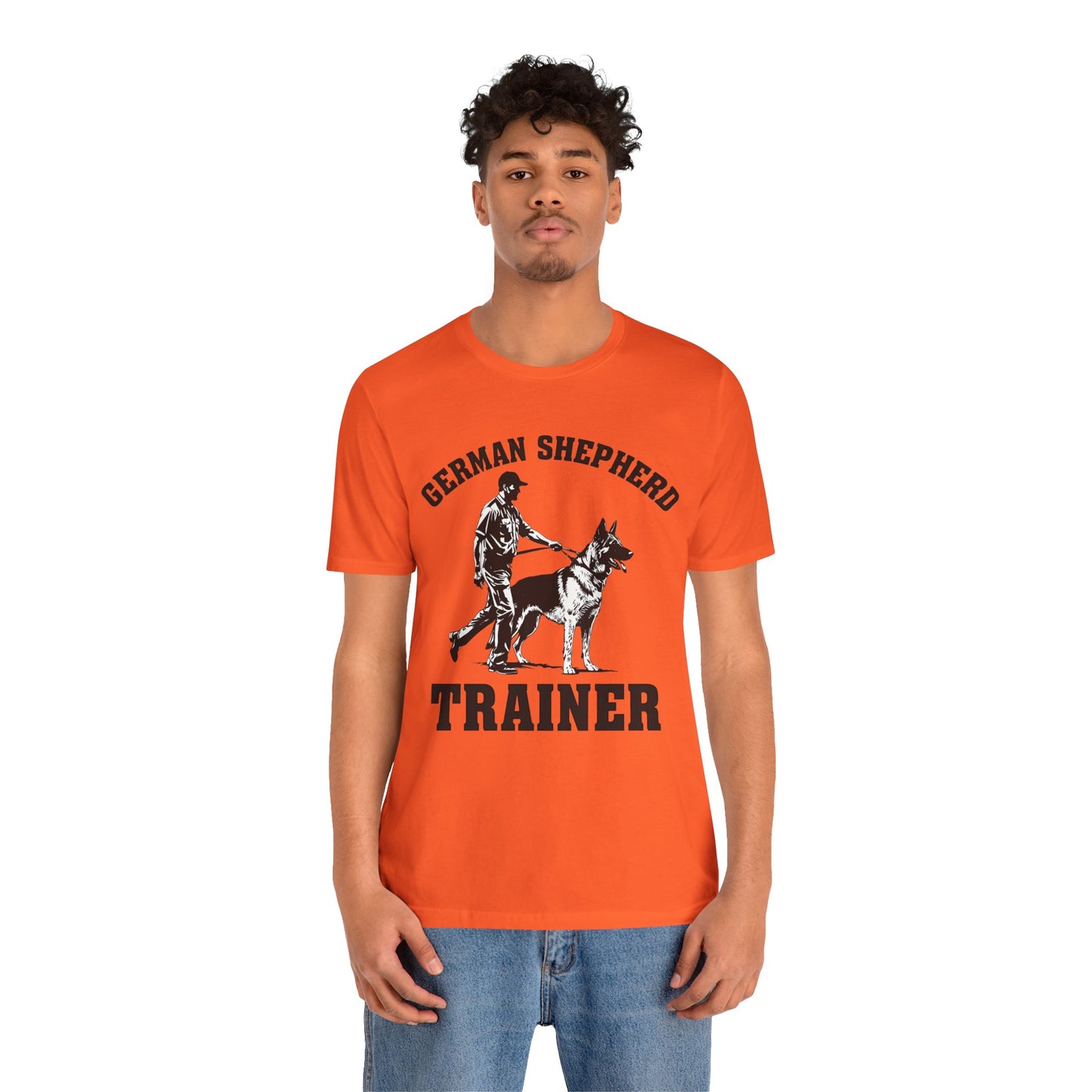 German Shepherd Trainer Tee - Black and White Design of Man Holding a German Shepherd