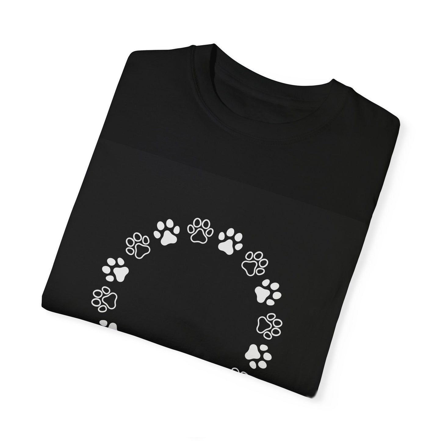 Unisex Dog Lover T-Shirt With Circular Frame Made of Dog Paw Prints and Caption Selfless Beings