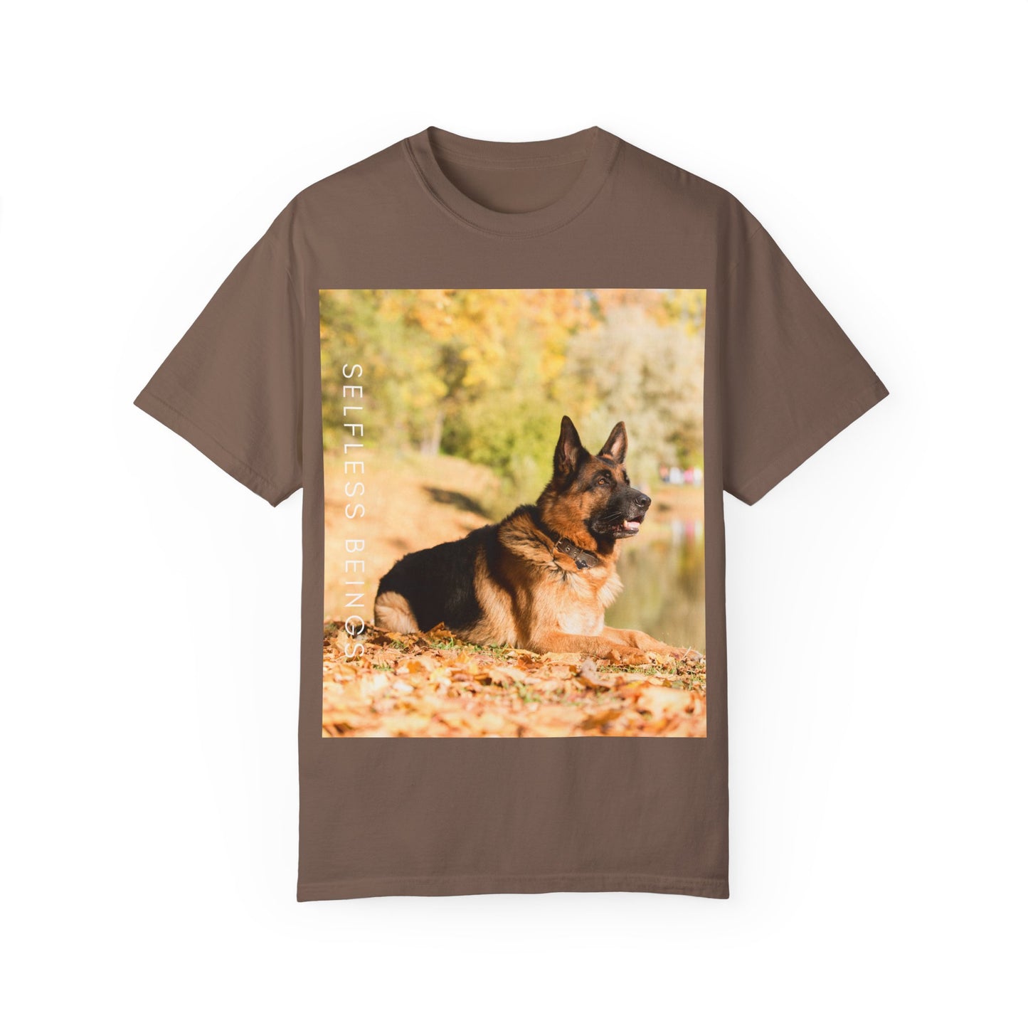 Unisex Dog Lover T-Shirt With a German Shepherd Resting in the Autumn Park on Leaves Near a Pond and Caption Selfless Beings