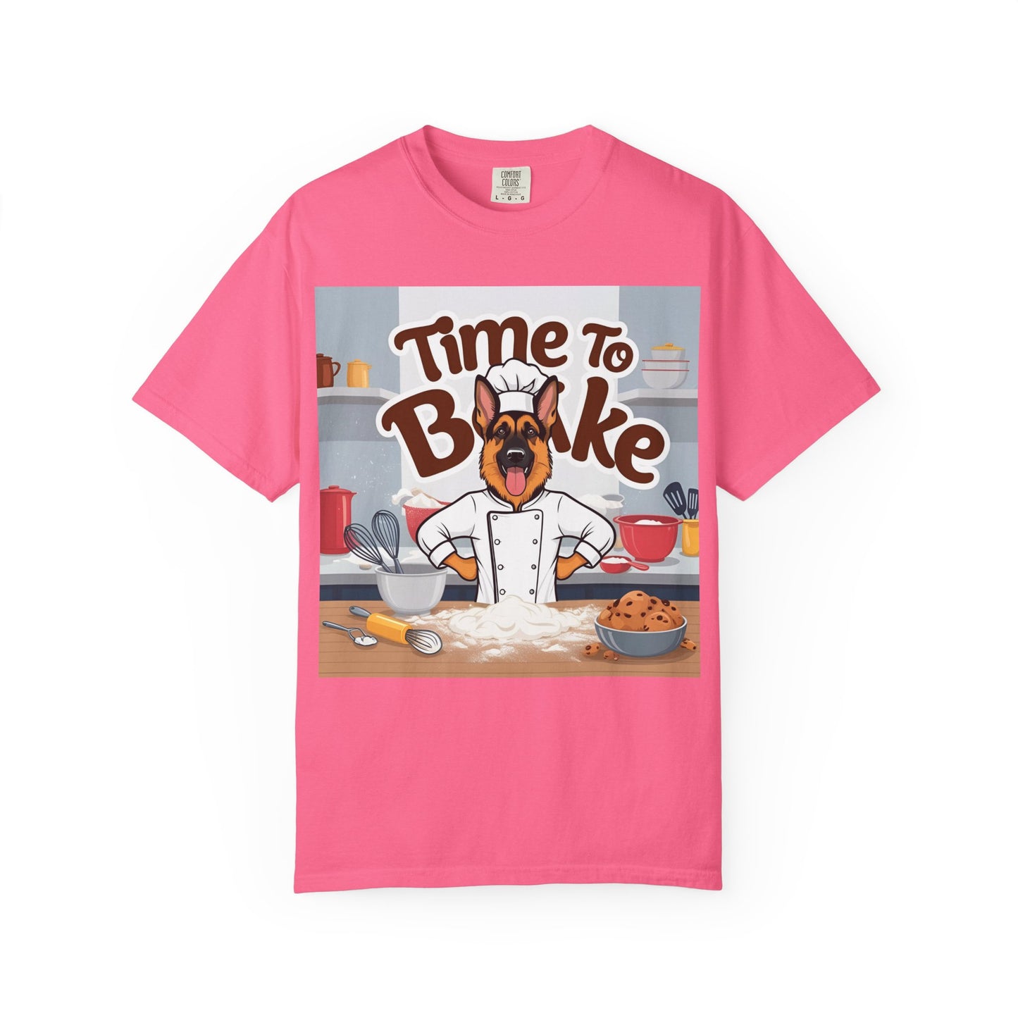 Unisex Dog Lover T-Shirt With Graphic of German Shepherd Wearing Chef Suit and Caption Time To Bake
