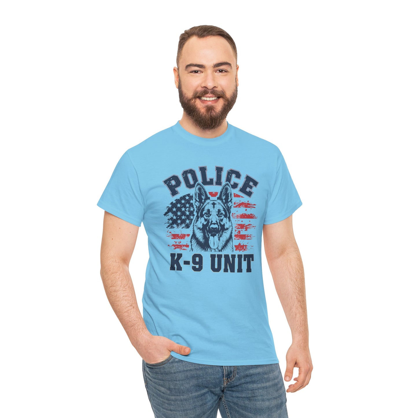 Patriotic Police K-9 Unit T-Shirt With American Flag in Background, Unisex Heavy Cotton Tee