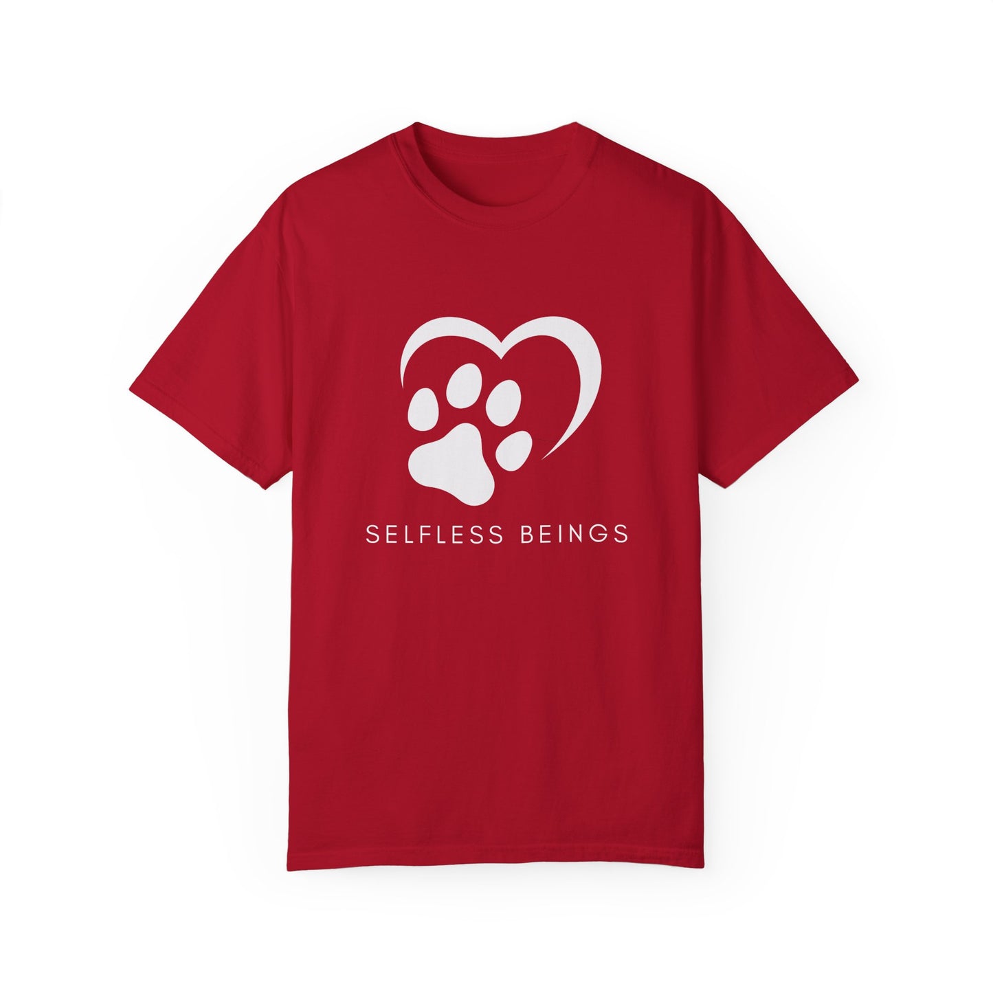 Unisex Dog Lover T-Shirt With Graphic of Half Heart and Dog Paw Print and Caption Selfless Beings Below